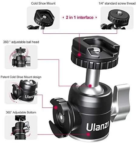 هد توپی کوچک Ulanzi U-60 با دو پایه کفشک سرد برای میکروفون، آلیاژ آلومینیوم با قابلیت چرخش 360 درجه هد توپی کوچک Ulanzi U-60 با دو پایه کفشک سرد برای میکروفون، آلیاژ آلومینیوم با قابلیت چرخش 360 درجه
