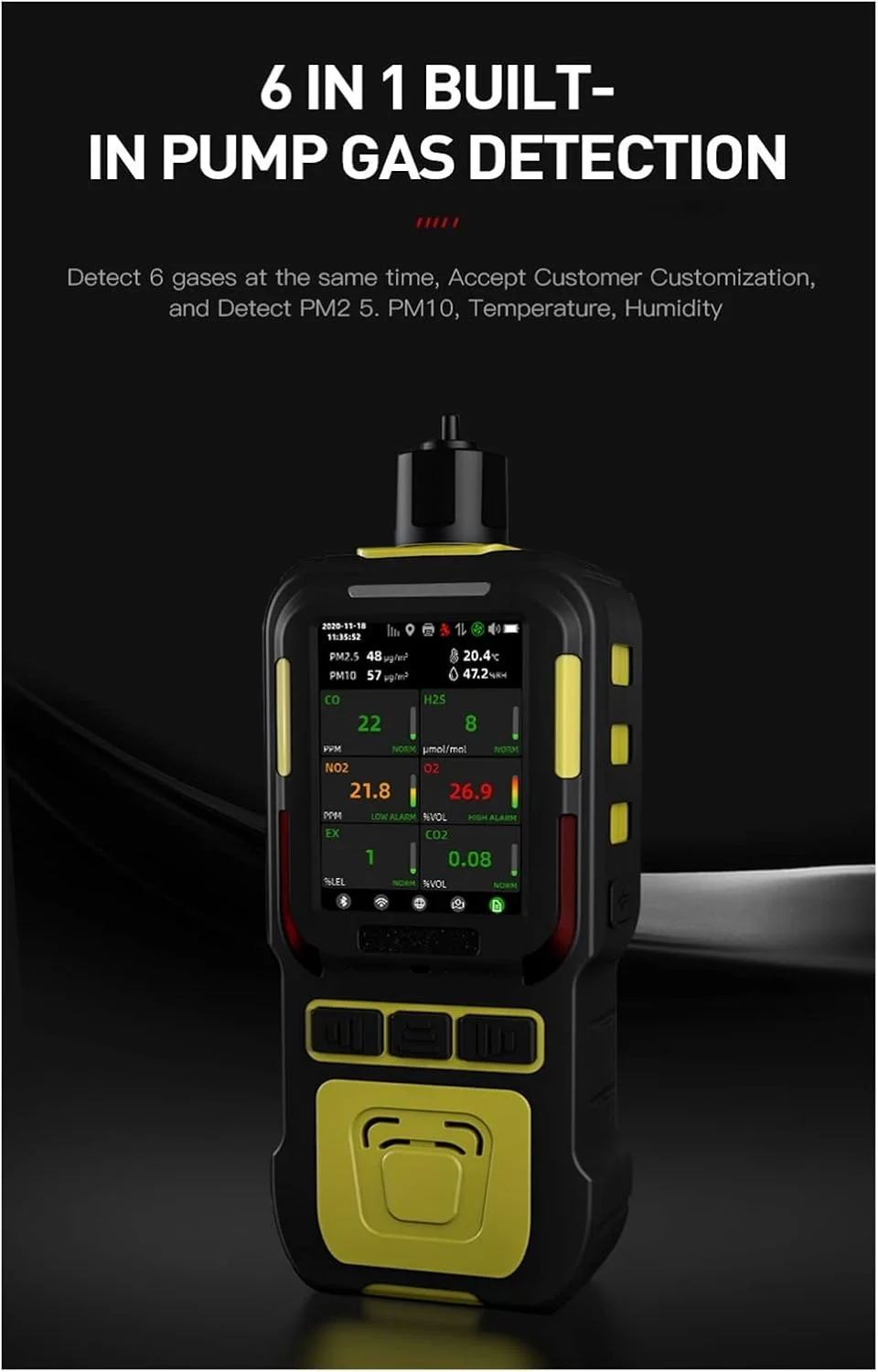 سنسور نشت یاب چند گاز GZDodek، آشکارساز گاز صنعتی قابل حمل با پمپ داخلی NH3، SO2، CO، CO2، NOx، H2S، دما، رطوبت، PM2.5، PM10 با دقت و حساسیت بالا سنسور نشت یاب چند گاز GZDodek، آشکارساز گاز صنعتی قابل حمل با پمپ داخلی NH3، SO2، CO، CO2، NOx، H2S، دما، رطوبت، PM2.5، PM10 با دقت و حساسیت بالا