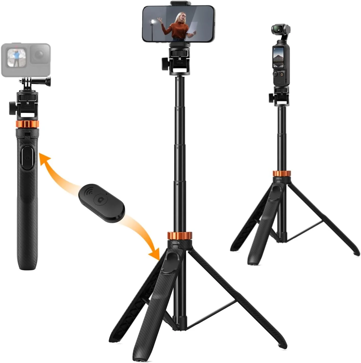 سه پایه تلفن همراه و مونوپاد سلفی K&F Concept MS27 با ارتفاع 175 سانتی متر و ریموت کنترل، سه پایه 2 در 1 برای دوربین و دوربین های ورزشی با پیچ 1/4 اینچی برای DJI Osmo Pocket 3، Insta360 X5 X4، GoPro