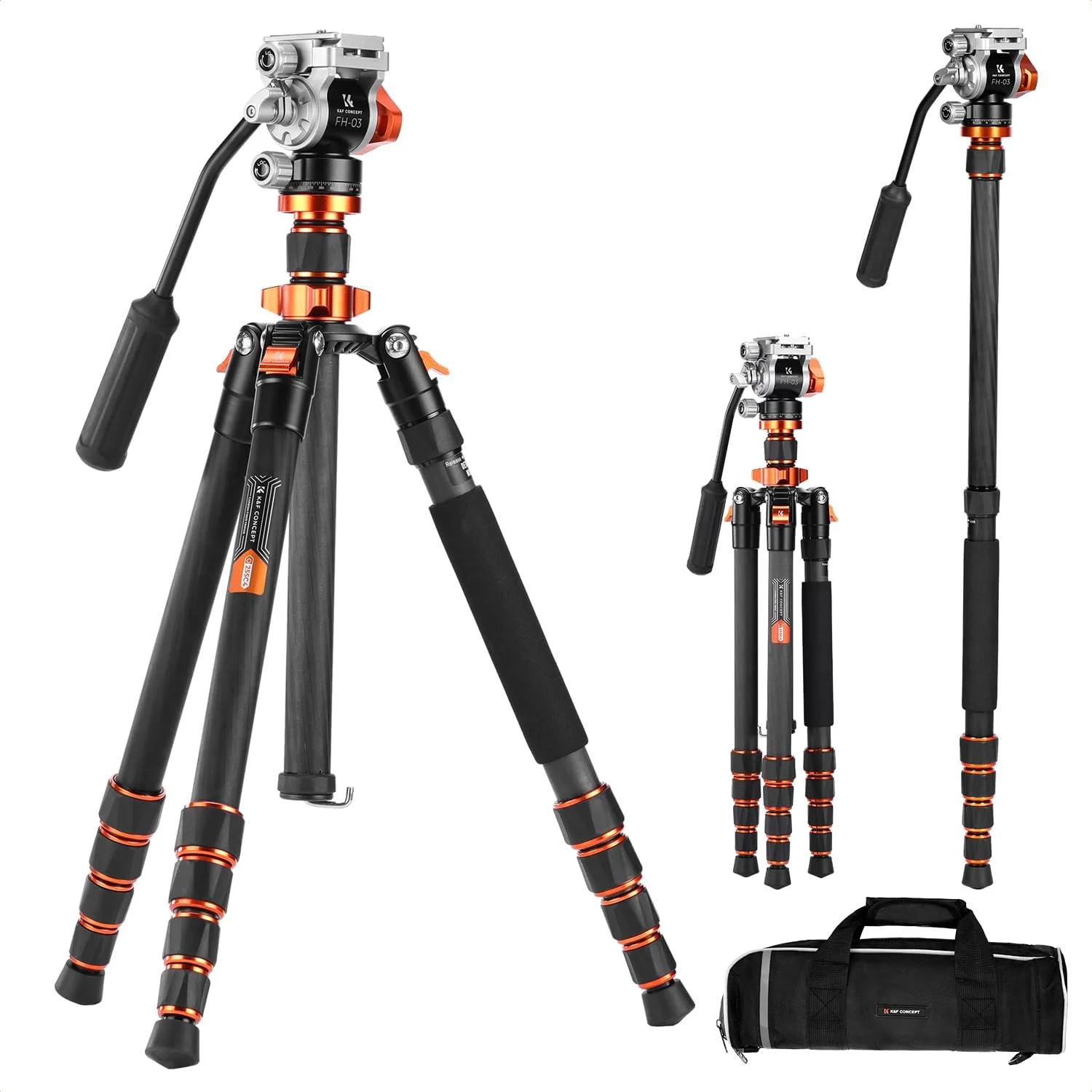 سه پایه دوربین K&F CONCEPT، سه پایه فیبر کربنی 68 اینچی با هد سیال حداکثر تحمل وزن 5 کیلوگرم، سه پایه و تک پایه سبک وزن دوربین DSLR برای کانن، سونی، نیکون.