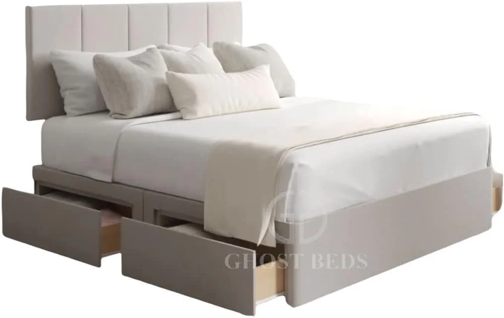 تختخواب دیوان وزیر GHOST BEDS با 2 کشو در یک طرف + تشک ارتوپدی 10 اینچی + تاج تخت همرنگ 24 اینچی (کینگ سایز 5 فوت، کرم)