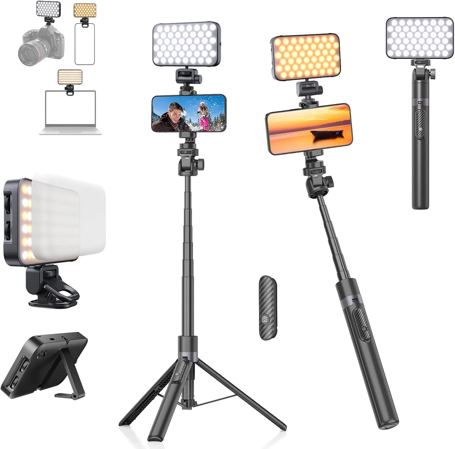 کیت ولاگینگ سه پایه سلفی استیک 173 سانتی متری TONEOF با نور تلفن 96LED، سه پایه تلفن آلومینیومی قابل گسترش همه در 1 با ریموت بی سیم، پایه تلفن قابل حمل برای آیفون/اندروید/دوربین - مشکی کیت ولاگینگ سه پایه سلفی استیک 173 سانتی متری TONEOF با نور تلفن 96LED، سه پایه تلفن آلومینیومی قابل گسترش همه در 1 با ریموت بی سیم، پایه تلفن قابل حمل برای آیفون/اندروید/دوربین - مشکی