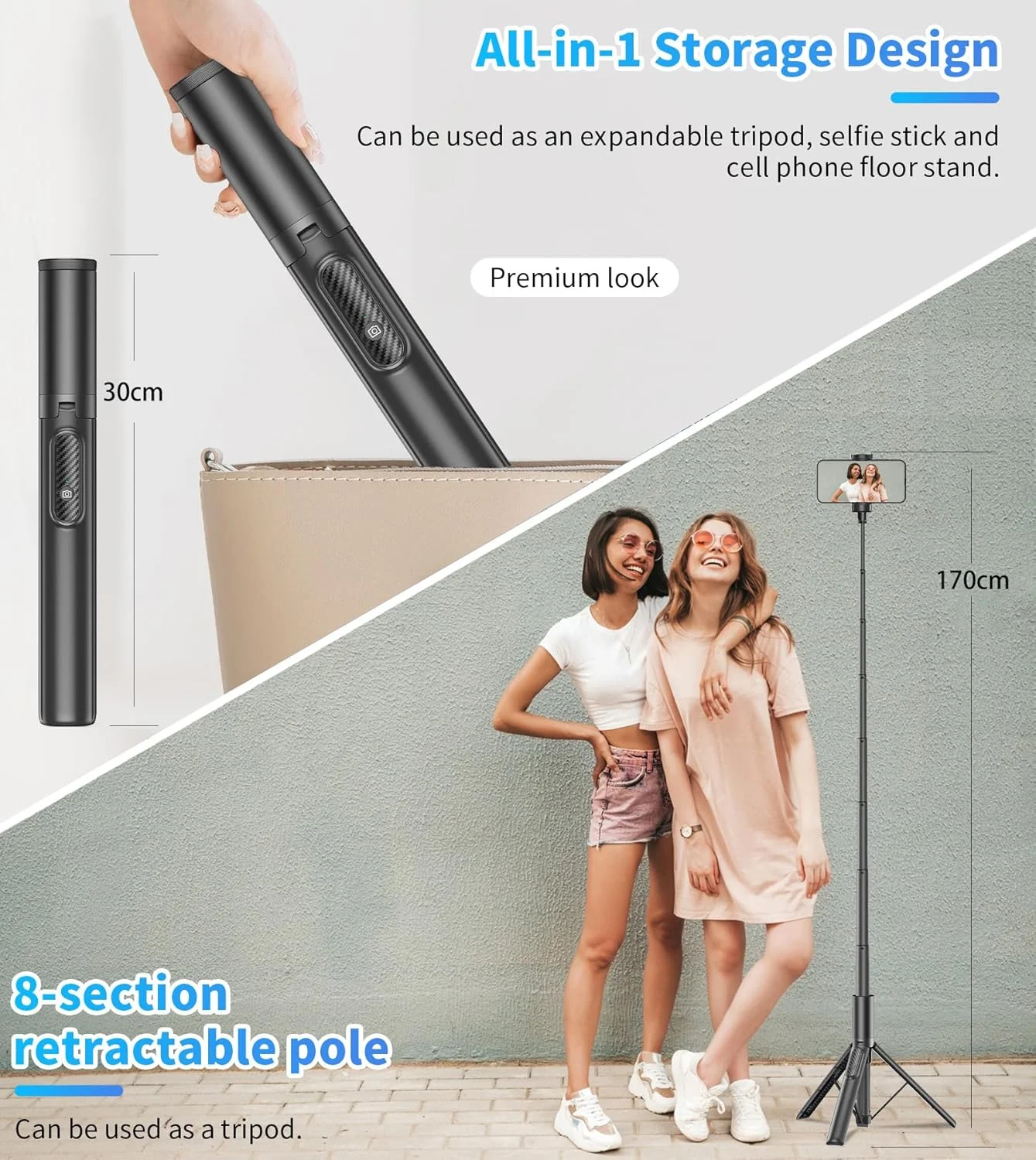 سه پایه سلفی ارتقا یافته TONEOF، پایه سه پایه تلفن چرخشی 360 درجه نامحدود، سه پایه آلومینیومی 170 سانتی متری قابل افزایش همه کاره با ریموت بی سیم برای سلفی/پخش زنده/ضبط ویدیو/مسافرت تلفن های 4-7 اینچی - مشکی