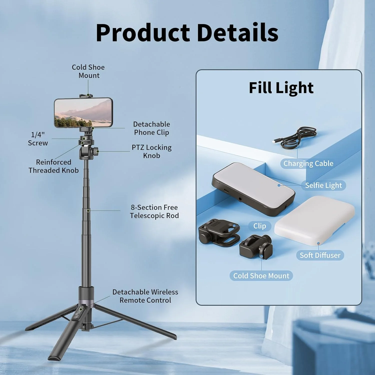 کیت ولاگینگ سه پایه سلفی استیک 173 سانتی متری TONEOF با نور تلفن 96LED، سه پایه تلفن آلومینیومی قابل گسترش همه در 1 با ریموت بی سیم، پایه تلفن قابل حمل برای آیفون/اندروید/دوربین - مشکی
