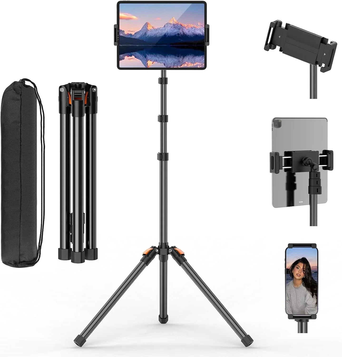 پایه نگهدارنده تبلت TONEOF با ارتفاع 182 سانتی متر/72 اینچ، سه پایه تلفن با سر توپی چرخان 360 درجه و کیف مسافرتی، پایه تبلت تاشو و پایدار برای مسافرت/تماشا/ولاگ، مناسب برای آیپد/تبلت/کیندل/تلفن - مشکی پایه نگهدارنده تبلت TONEOF با ارتفاع 182 سانتی متر/72 اینچ، سه پایه تلفن با سر توپی چرخان 360 درجه و کیف مسافرتی، پایه تبلت تاشو و پایدار برای مسافرت/تماشا/ولاگ، مناسب برای آیپد/تبلت/کیندل/تلفن - مشکی