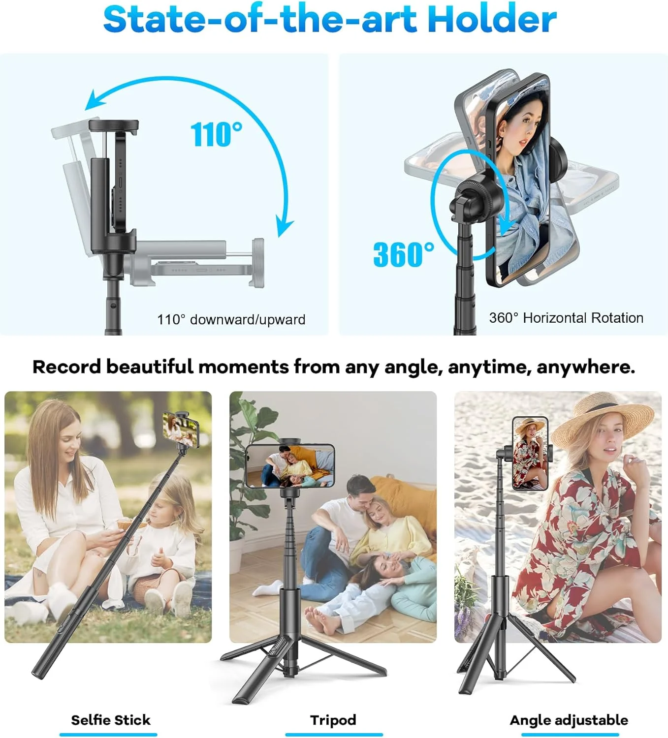 سه پایه سلفی ارتقا یافته TONEOF، پایه سه پایه تلفن چرخشی 360 درجه نامحدود، سه پایه آلومینیومی 170 سانتی متری قابل افزایش همه کاره با ریموت بی سیم برای سلفی/پخش زنده/ضبط ویدیو/مسافرت تلفن های 4-7 اینچی - مشکی