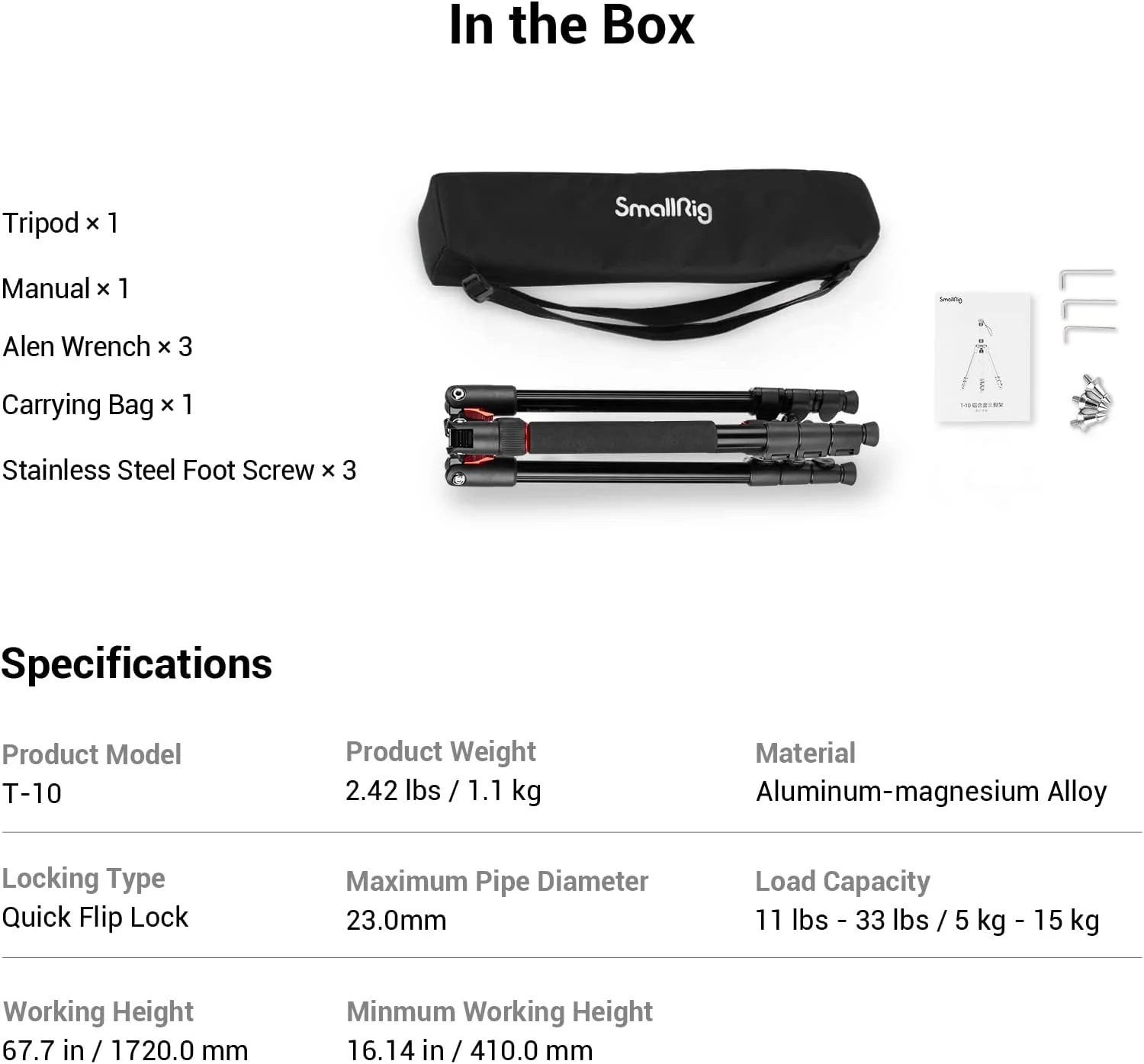 سه پایه دوربین SmallRig T-10، سه پایه و تک پایه آلومینیومی تاشو 68 اینچی، سازگار با سر ویدیویی 1/4 اینچ-20 و 3/8 اینچ-16، حداکثر وزن قابل تحمل 15 کیلوگرم، ارتفاع قابل تنظیم از 19.7 اینچ تا 67.7 اینچ برای دوربین، تلفن - 3983 سه پایه دوربین SmallRig T-10، سه پایه و تک پایه آلومینیومی تاشو 68 اینچی، سازگار با سر ویدیویی 1/4 اینچ-20 و 3/8 اینچ-16، حداکثر وزن قابل تحمل 15 کیلوگرم، ارتفاع قابل تنظیم از 19.7 اینچ تا 67.7 اینچ برای دوربین، تلفن - 3983