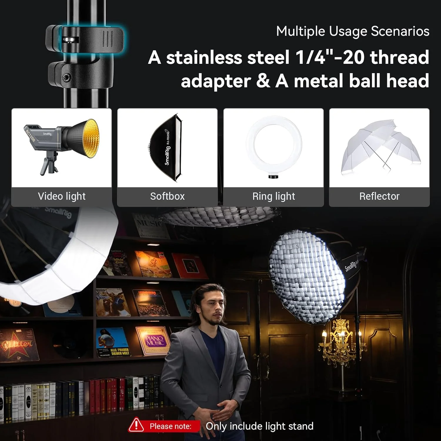 پایه نور عکاسی SMALLRIG RA-S200، 200 سانتی متر، مشکی، آلیاژ آلومینیوم، تحمل وزن تا 4 کیلوگرم، سازگار با رفلکتورها، سافت باکس ها، نورهای استودیویی، چترها، رینگ لایت