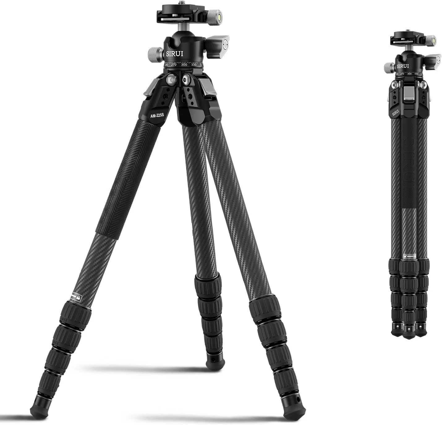 SIRUI Carbon Fiber Travel Tripod, 50" Compact Lightweight Backpack Tripod with Low Profile Ball Head with Quick Release Plate for Arca, 6 Mounting Points for Camera and Phone, AM-225S+G0