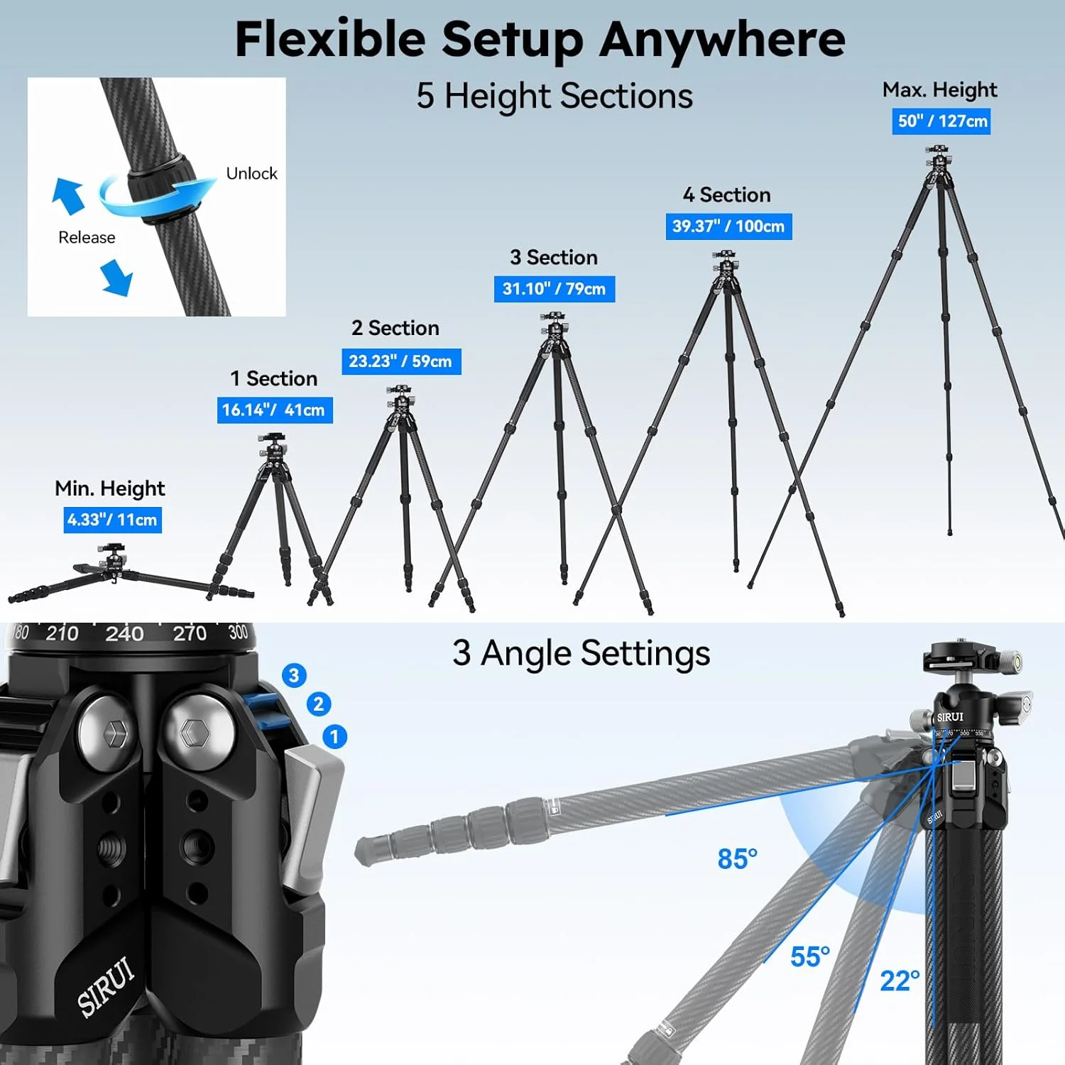SIRUI Carbon Fiber Travel Tripod, 50" Compact Lightweight Backpack Tripod with Low Profile Ball Head with Quick Release Plate for Arca, 6 Mounting Points for Camera and Phone, AM-225S+G0 SIRUI Carbon Fiber Travel Tripod, 50" Compact Lightweight Backpack Tripod with Low Profile Ball Head with Quick Release Plate for Arca, 6 Mounting Points for Camera and Phone, AM-225S+G0