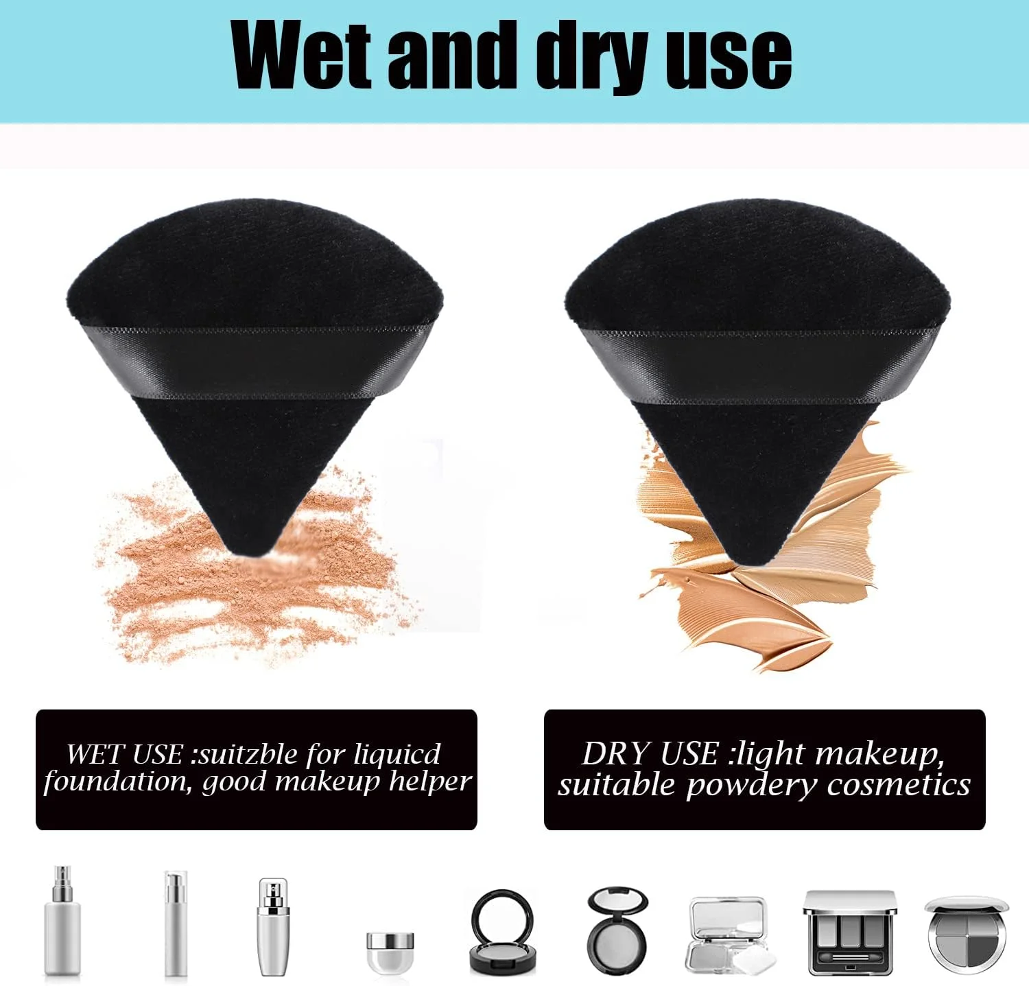 پدهای آرایشی مثلثی جassins، 8 عددی، پنبه ای، فوق العاده نرم، مناسب برای استفاده خشک و مرطوب، مناسب برای کانسیلر/پودر فیکس/پودر بدن/کرم پودر/رژگونه (مشکی)