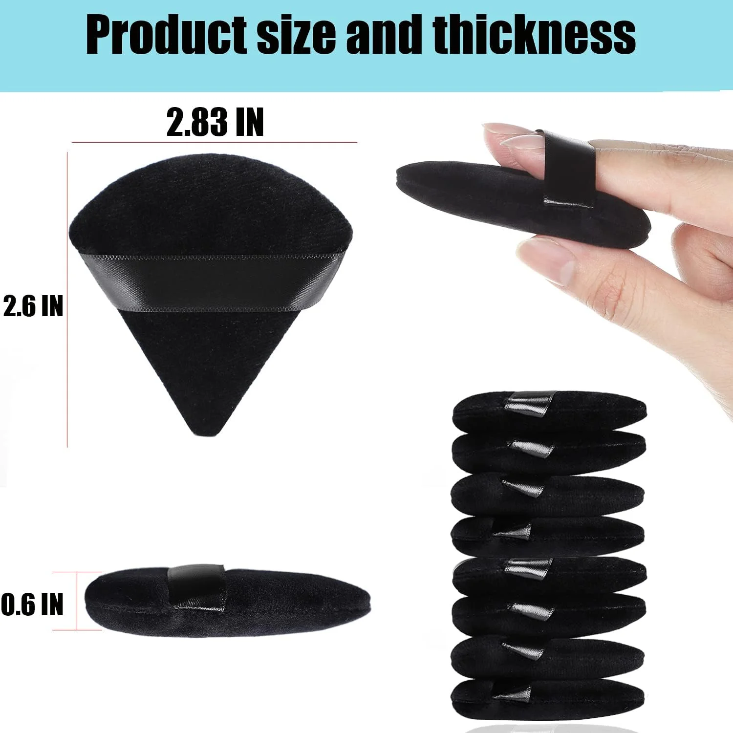 پدهای آرایشی مثلثی جassins، 8 عددی، پنبه ای، فوق العاده نرم، مناسب برای استفاده خشک و مرطوب، مناسب برای کانسیلر/پودر فیکس/پودر بدن/کرم پودر/رژگونه (مشکی)