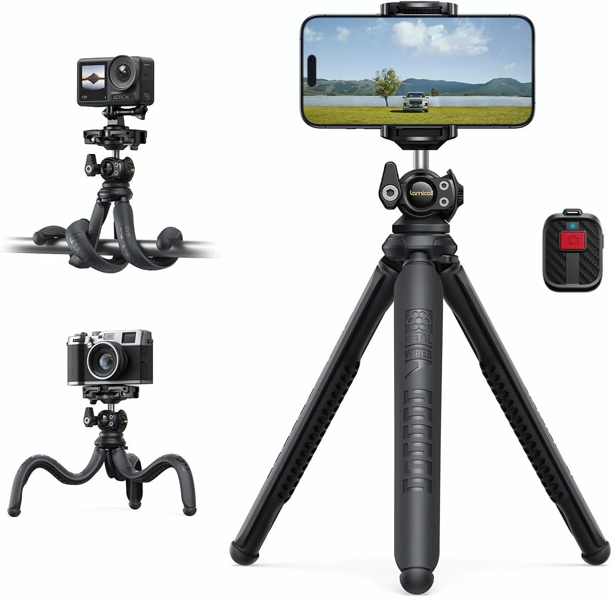 سه پایه گوشی لamicall، سه پایه عکس انعطاف پذیر - [3 در 1 یکپارچه] سه پایه آیفون ارتقا یافته با کنترل از راه دور، سه پایه قابل حمل چرخشی 360 درجه برای تلفن و دوربین - خاکستری ارتقا یافته