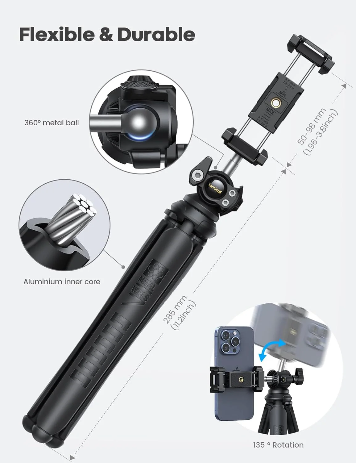 سه پایه گوشی لamicall، سه پایه دوربین انعطاف پذیر - سه پایه [3 در 1 یکپارچه] برای آیفون با ریموت بی سیم، پایه نگهدارنده سه پایه مسافرتی قابل حمل با چرخش 360 درجه برای تلفن همراه، GoPro، دوربین دیجیتال
