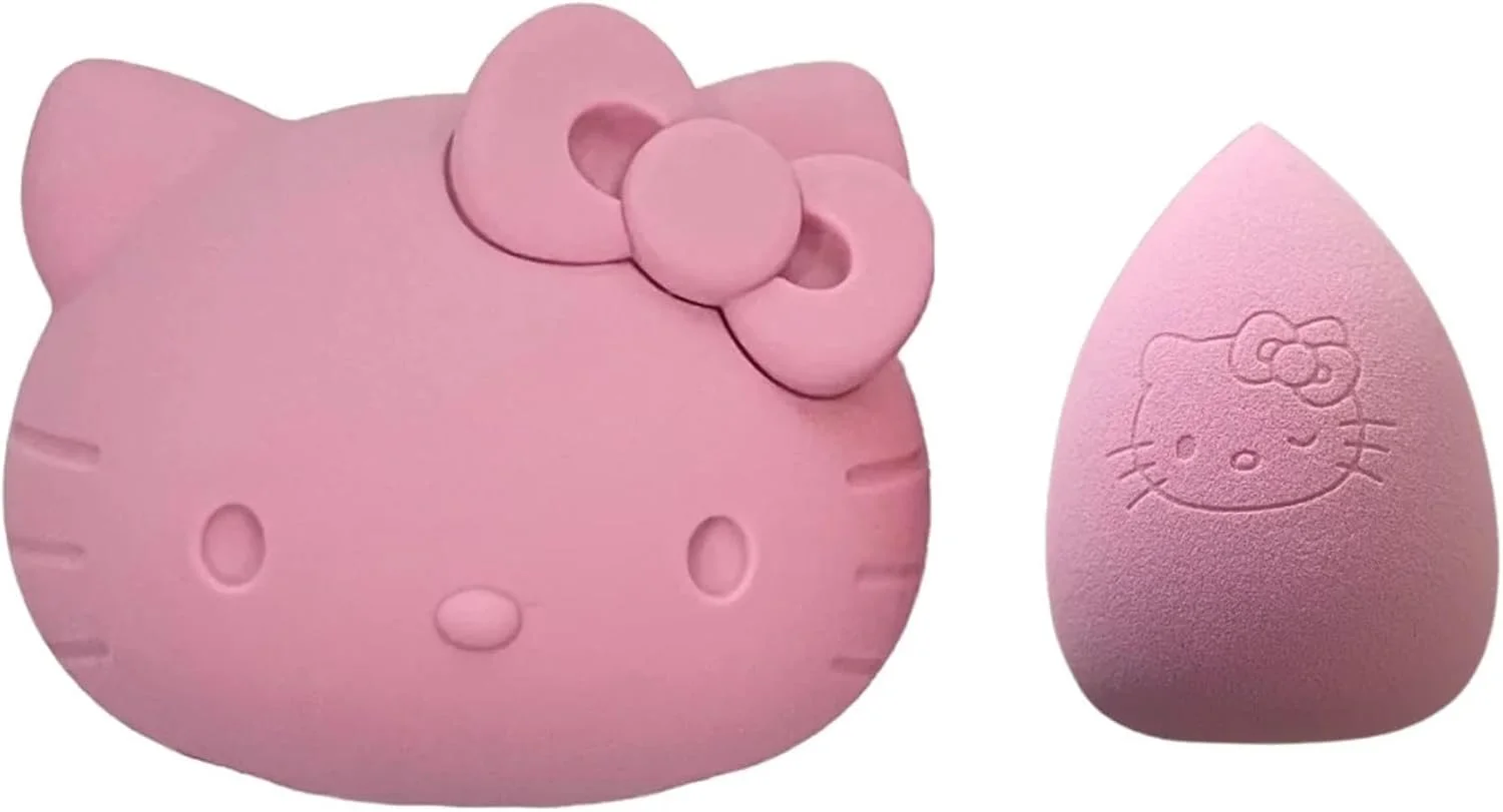 مجموعه اسفنج آرایشی و جا اسفنجی سیلیکونی هلو کیتی Impressions Vanity - جا اسفنجی با تهویه، اسفنج قطره اشکی بدون لاتکس برای کرم پودر مایع (صورتی)
