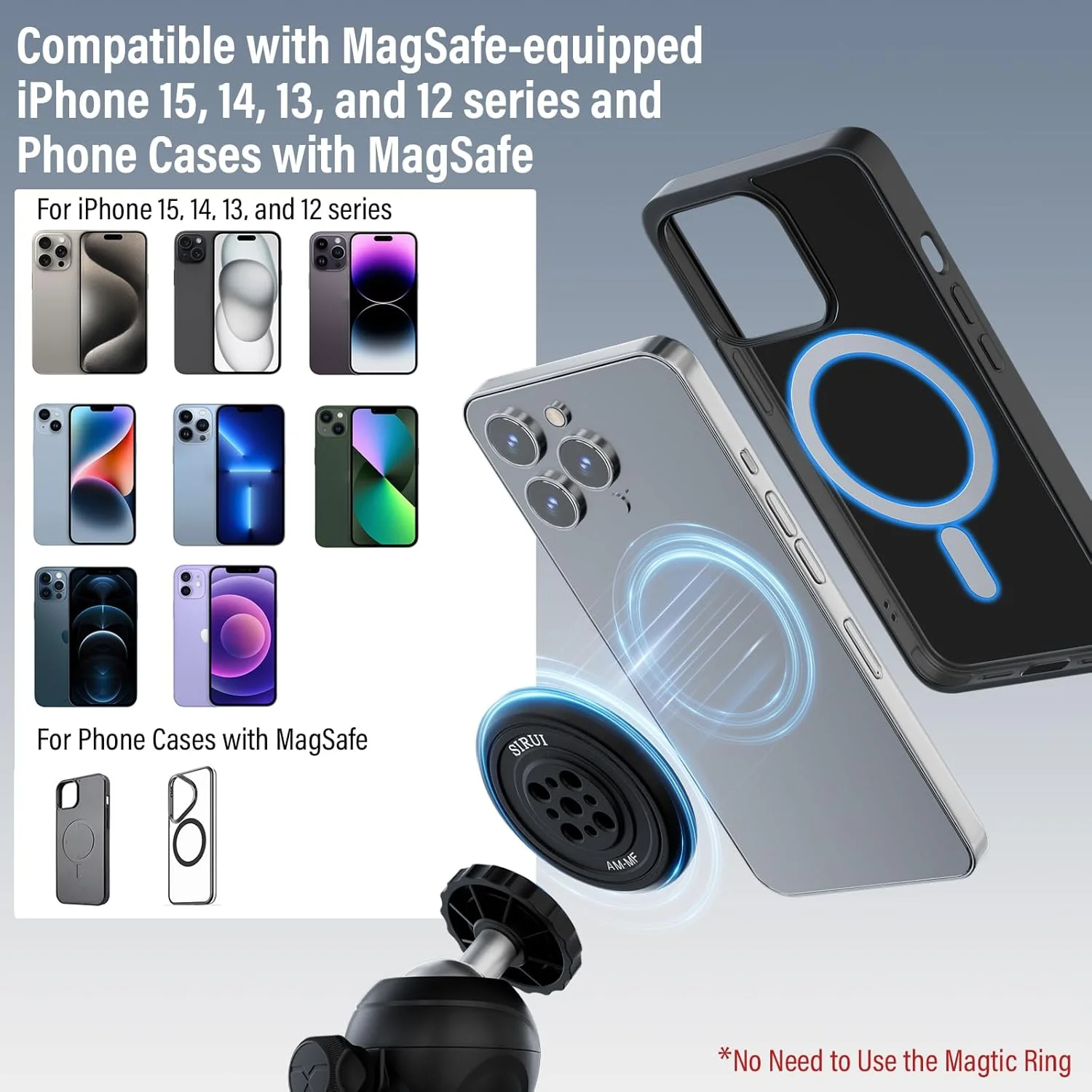 SIRUI AM-MF Magnetic Smartphone Tripod Mount Adapter with 3 Adhesive Rings, MagSafe Compatible with iPhone 15/14/13/12 Series, Tripod, Selfie Stick, Magic Arm Magnetic Smartphone Holder SIRUI AM-MF Magnetic Smartphone Tripod Mount Adapter with 3 Adhesive Rings, MagSafe Compatible with iPhone 15/14/13/12 Series, Tripod, Selfie Stick, Magic Arm Magnetic Smartphone Holder