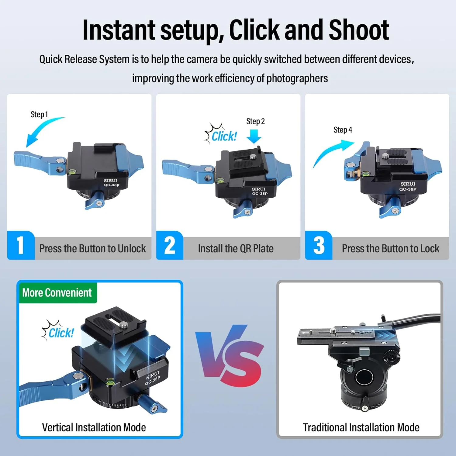 صفحه رهاسازی سریع مربعی 38 میلیمتری SIRUI با سر پانورامای چرخان 360 درجه، آداپتور پایه دوربین با رزوه 1/4 و 3/8 اینچ، صفحه اتصال رهاسازی سریع برای سه پایه تک پایه تثبیت کننده DSLR، QC-38P صفحه رهاسازی سریع مربعی 38 میلیمتری SIRUI با سر پانورامای چرخان 360 درجه، آداپتور پایه دوربین با رزوه 1/4 و 3/8 اینچ، صفحه اتصال رهاسازی سریع برای سه پایه تک پایه تثبیت کننده DSLR، QC-38P