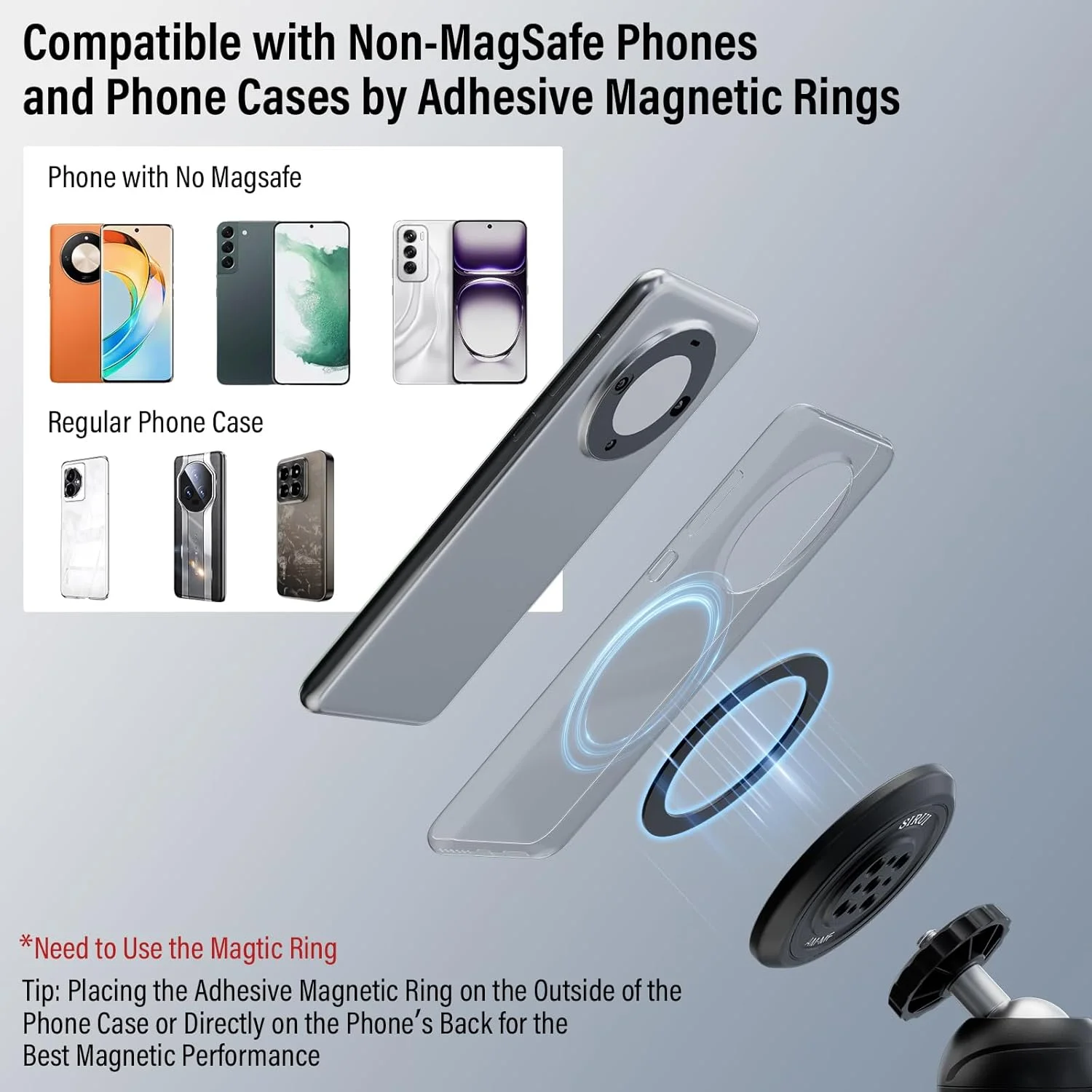 SIRUI AM-MF Magnetic Smartphone Tripod Mount Adapter with 3 Adhesive Rings, MagSafe Compatible with iPhone 15/14/13/12 Series, Tripod, Selfie Stick, Magic Arm Magnetic Smartphone Holder SIRUI AM-MF Magnetic Smartphone Tripod Mount Adapter with 3 Adhesive Rings, MagSafe Compatible with iPhone 15/14/13/12 Series, Tripod, Selfie Stick, Magic Arm Magnetic Smartphone Holder