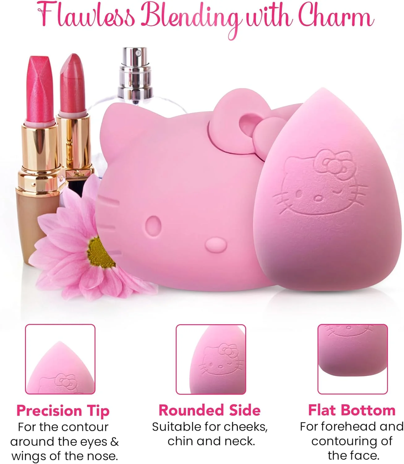 مجموعه اسفنج آرایشی و جا اسفنجی سیلیکونی هلو کیتی Impressions Vanity - جا اسفنجی با تهویه، اسفنج قطره اشکی بدون لاتکس برای کرم پودر مایع (صورتی)