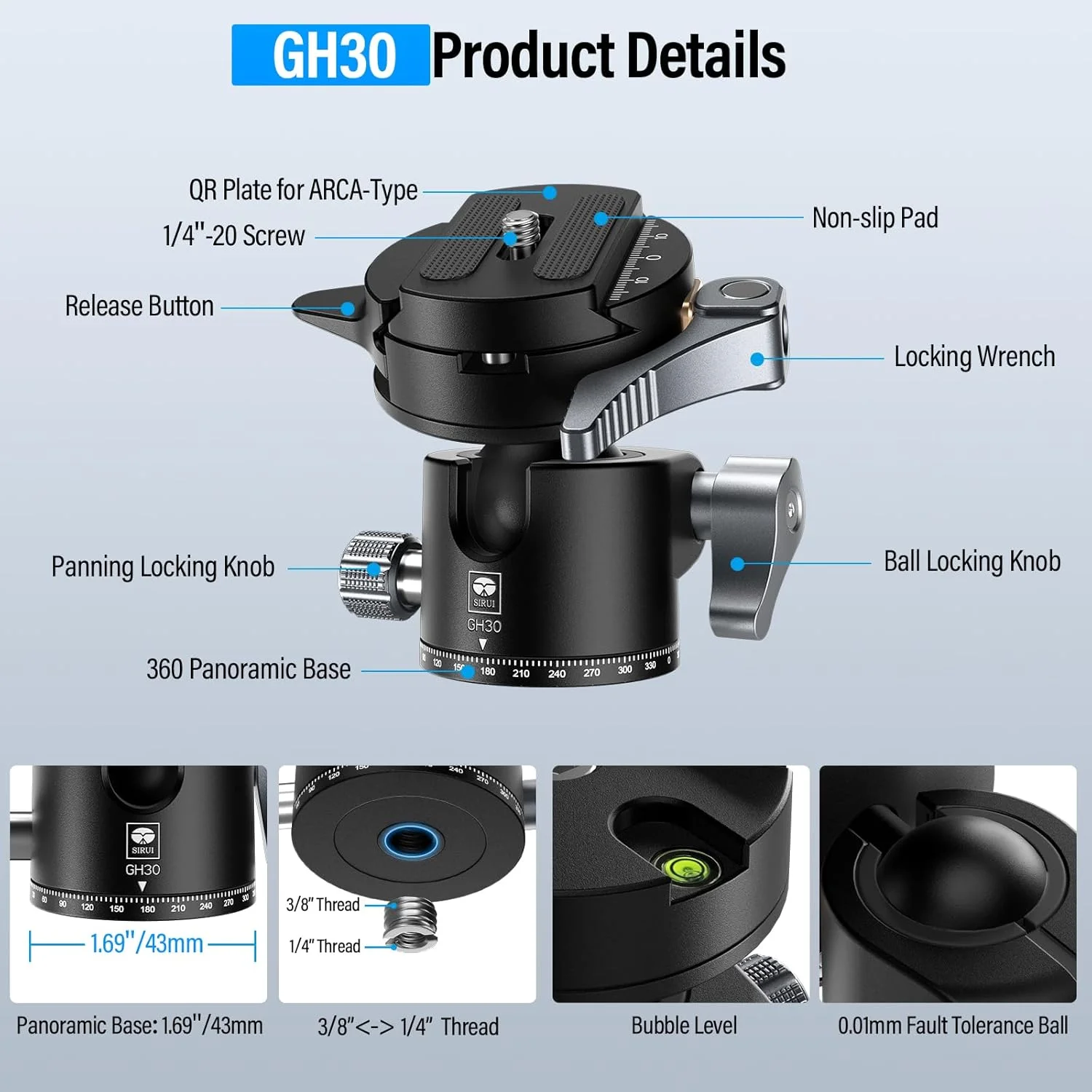 هد سه پایه کم ارتفاع SIRUI مدل GH30 با صفحه رهاسازی سریع نوع Arca، هد توپی فلزی دوربین پانوراما 360 درجه با سوراخ رزوه ای 1/4 اینچ و 3/8 اینچ برای تک پایه، DSLR، تلفن، حداکثر بار 10 کیلوگرم هد سه پایه کم ارتفاع SIRUI مدل GH30 با صفحه رهاسازی سریع نوع Arca، هد توپی فلزی دوربین پانوراما 360 درجه با سوراخ رزوه ای 1/4 اینچ و 3/8 اینچ برای تک پایه، DSLR، تلفن، حداکثر بار 10 کیلوگرم