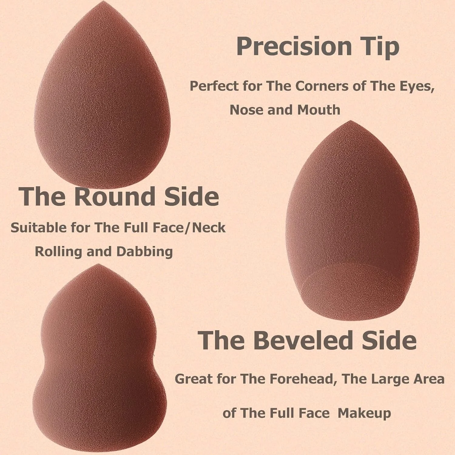 اسفنج آرایشی، 3 عدد بلندر آرایشی، بلندر آرایشی برای کرم پودر و مایع، تمیز کردن آسان، بلندر زیبایی فوق العاده نرم و بدون لاتکس، اپلیکاتور کانسیلر (قهوه ای)