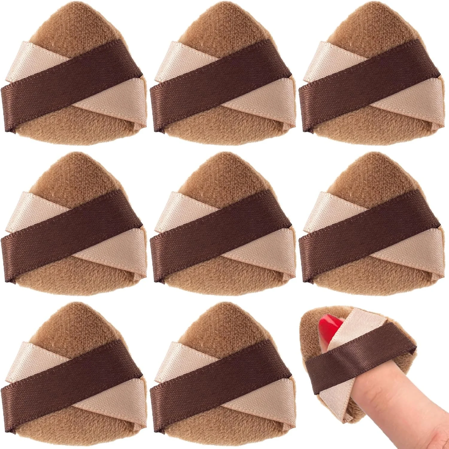 پدهای پودری مثلثی انگشتی Mxxipp، 10 عددی، پدهای آرایشی مینی قابل حمل، ابزار اسفنجی مخملی برای ترکیب پودر فیکس، کرم پودر و کانسیلر - قهوه ای