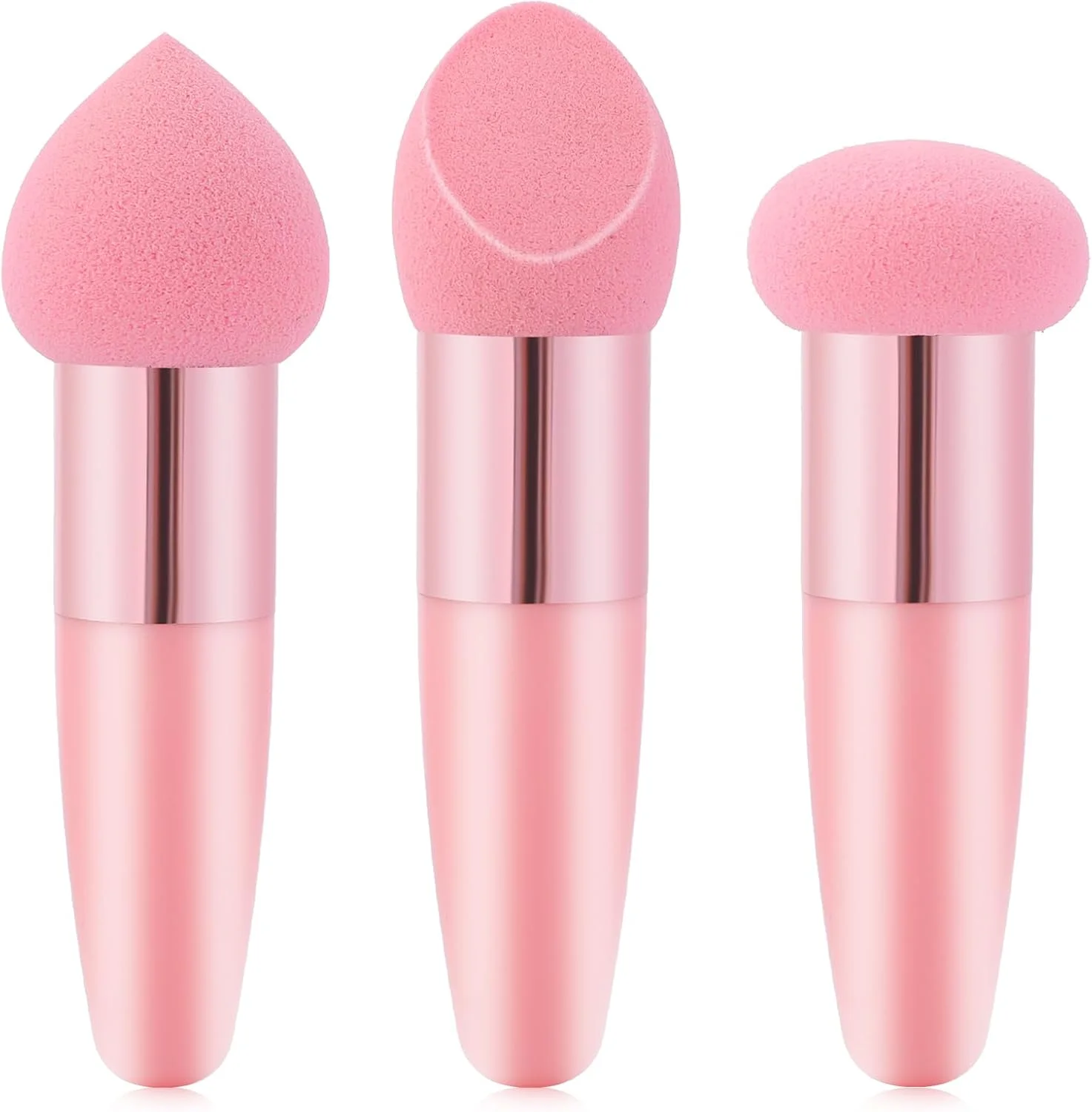 اورولا اسفنج آرایشی 3 عددی برای کرم پودر مایع، بیوتی بلندر صورتی با دسته پلاستیکی، اشکال مختلف اسفنج اپلیکاتور آرایش، پف پودر قارچی چند منظوره، استفاده خشک و مرطوب برای کرم پودر