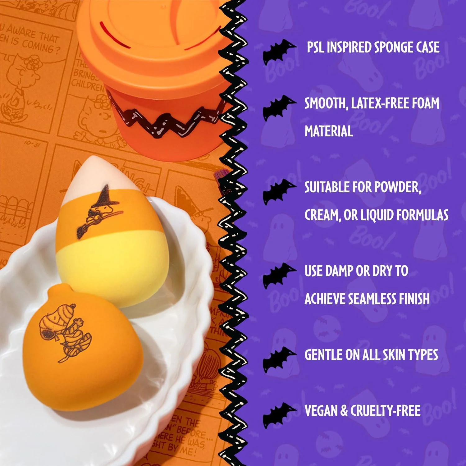 مجموعه اسفنج آرایشی کدو تنبل هالووین Peanuts از Profusion Cosmetics به همراه نگهدارنده، ابزاری چند منظوره برای استفاده آسان از آرایش و دستیابی به ترکیبی ایده آل