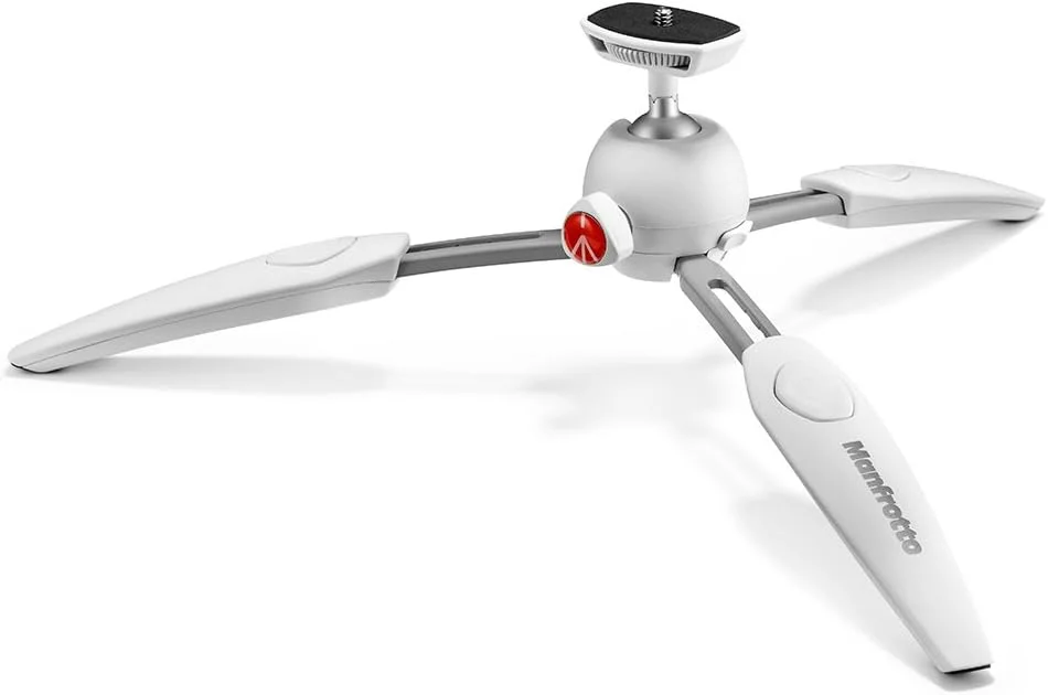 سه پایه کوچک دو قسمتی منفرتو مدل MTPIXIEVO-WH، PIXI EVO، تاشو، سایز جمع و جور، برای دوربین های DSLR سطح مبتدی، دوربین های سیستم کامپکت، بدون آینه، سفید