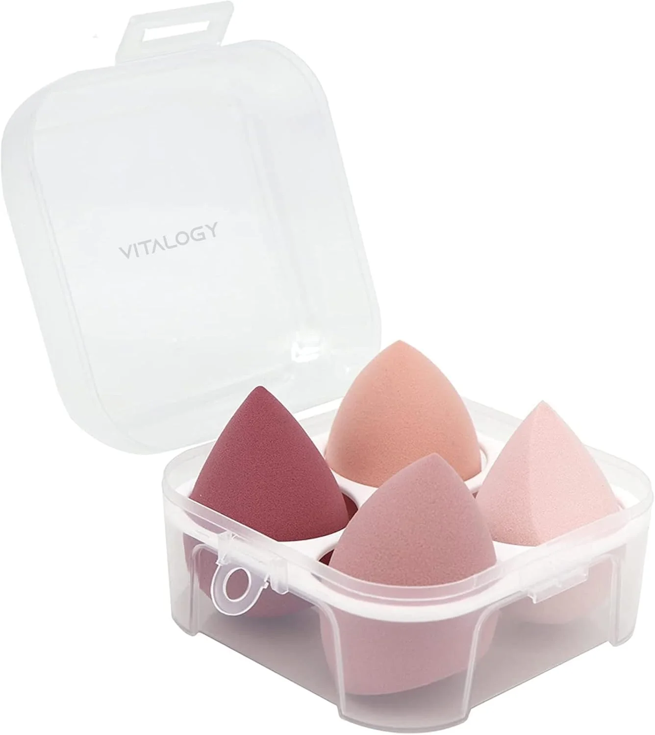 ویتالوژی - اسفنج های آرایشی برای کرم پودر - ست اسفنج آرایشی برای ترکیب کردن - ست بیوتی بلندر 4 عددی + جا اسفنجی تخم مرغی - مناسب برای کرم، پودر و مایع (میکس رنگی صورتی)