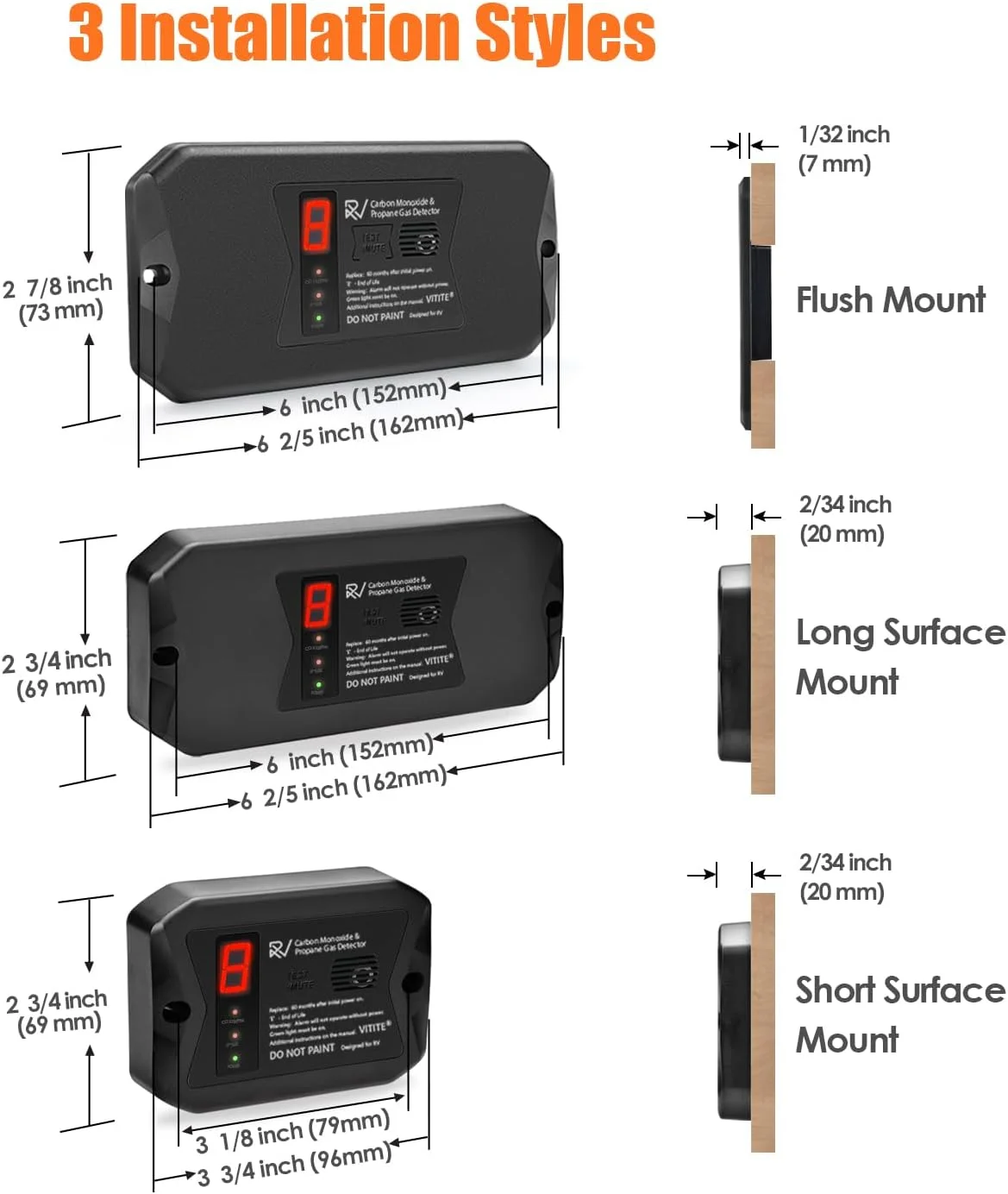 آشکارسازهای مونوکسید کربن و پروپان RV، آشکارساز مونوکسید کربن VITITE RV، سیم کشی شده - آشکارساز گاز پروپان VDC 12V RV، نصب همسطح و سطحی، با 3 براکت