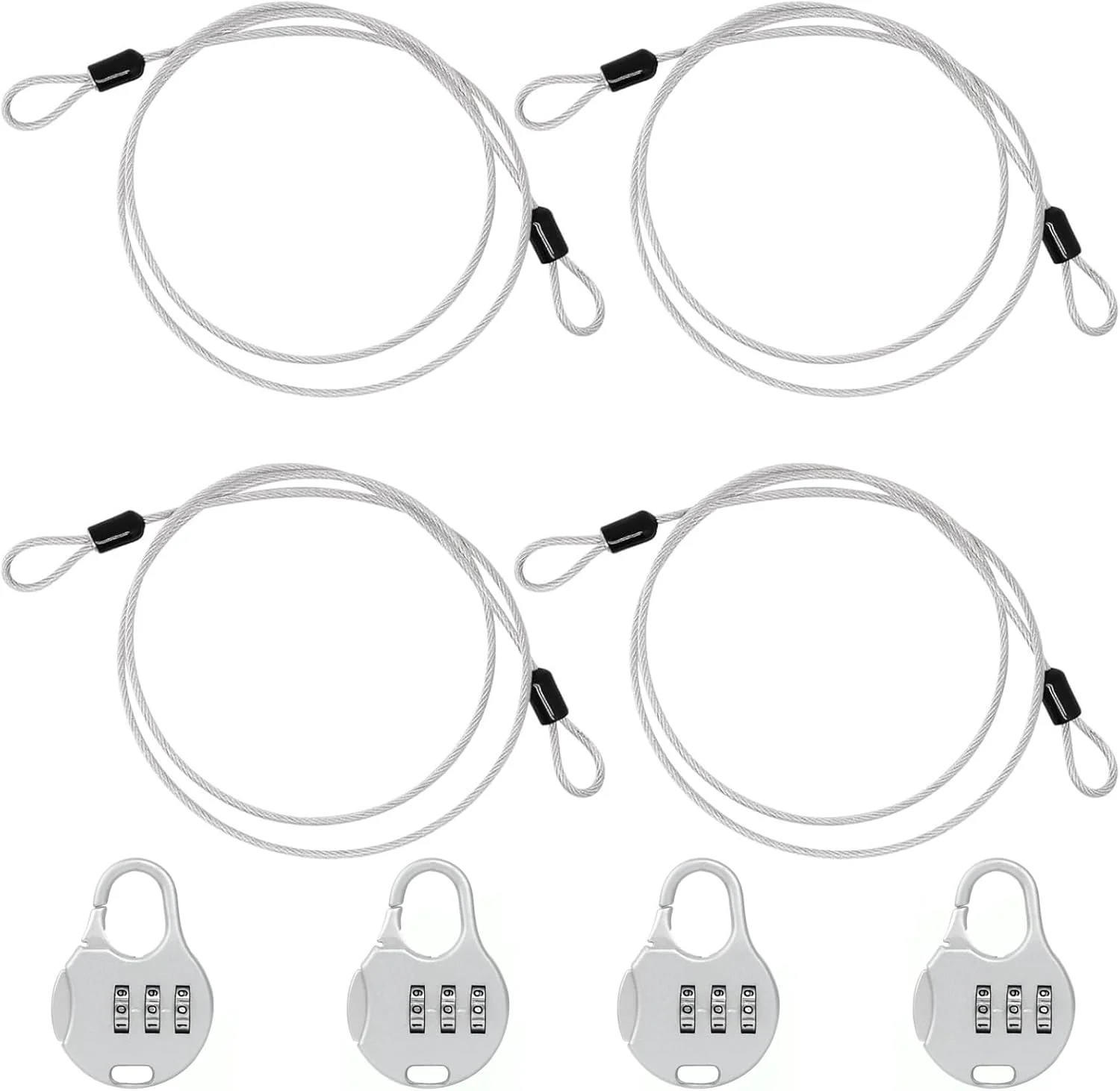 قفل مسافرتی سیم دار ایمنی 4 عددی - قفل ترکیبی ضد سرقت با کابل فولادی 2 متری برای چمدان، لپ تاپ، دوچرخه، کالسکه - قفل ایمنی قابل حمل سبک وزن برای استفاده در فضای باز