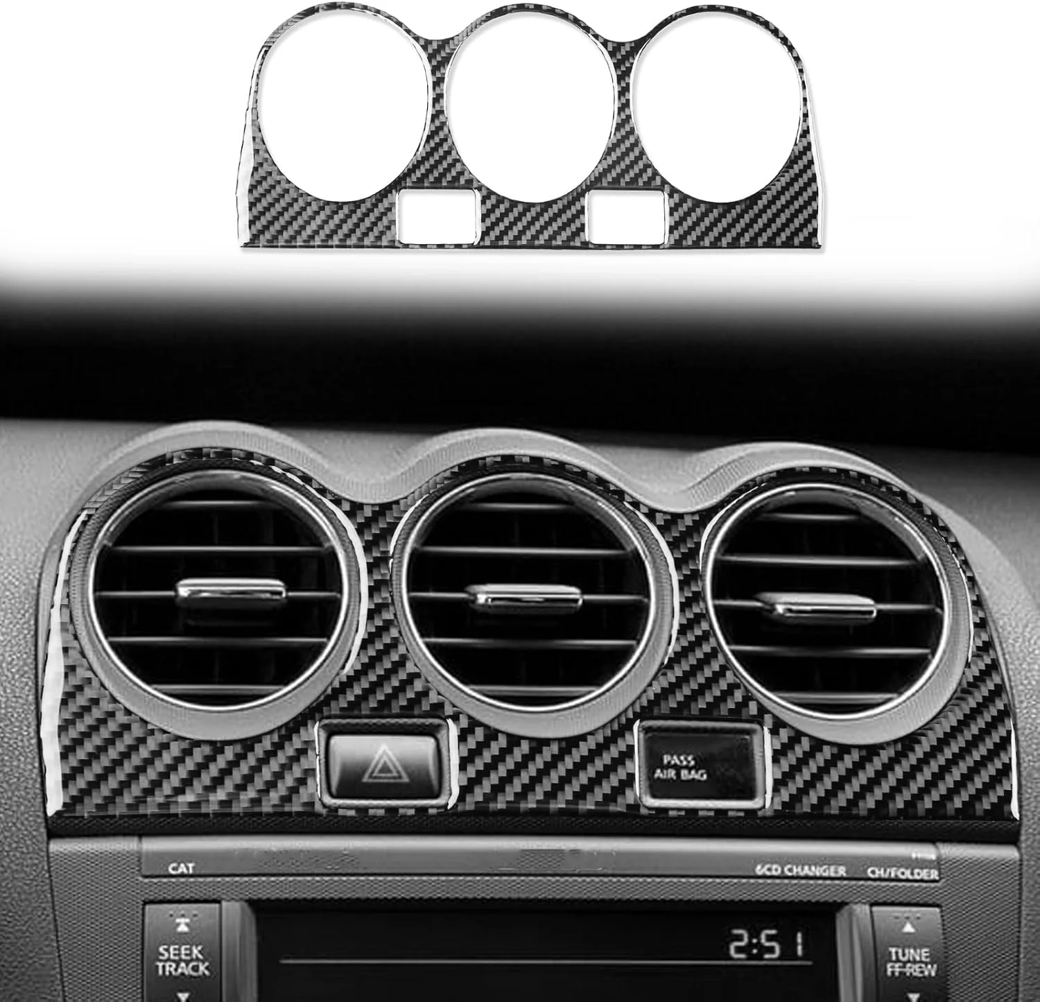 برچسب فیبر کربن 3K مشکی واقعی PJFUS برای داشبورد خودرو، دریچه تهویه مطبوع مرکزی/پنل کنترل چراغ خطر، لوازم جانبی داخلی سازگار با نیسان آلتیما/آلتیما کوپه/آلتیما هیبرید 2008 2009 2010 2011 2012