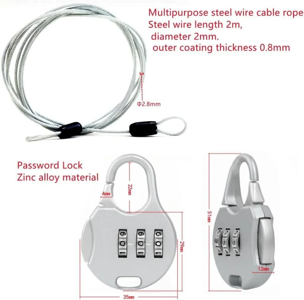 قفل مسافرتی سیم دار ایمنی 4 عددی - قفل ترکیبی ضد سرقت با کابل فولادی 2 متری برای چمدان، لپ تاپ، دوچرخه، کالسکه - قفل ایمنی قابل حمل سبک وزن برای استفاده در فضای باز