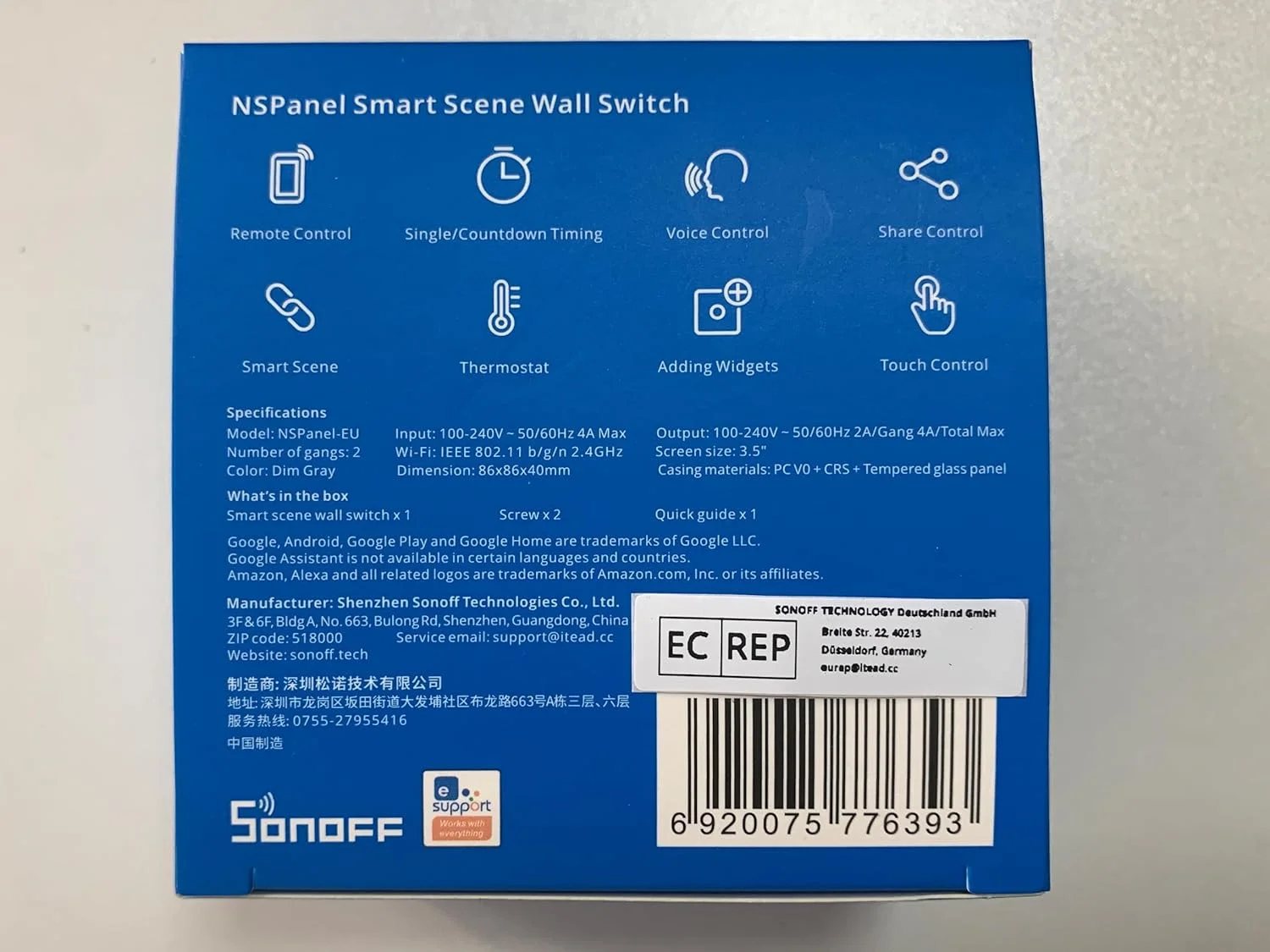 کلید دیواری هوشمند صحنه Sonoff NSPanel-EU Wi-Fi 2 Gang، پنل HMI، کنترل دمای هوشمند، نوع 86، سازگار با الکسا، آلیس و گوگل هوم، مشکی