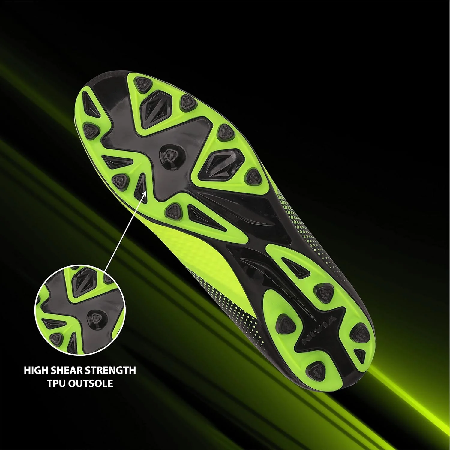 استوک فوتبال Nivia Ashtang (سبز) | چرم مصنوعی | کفی قالب‌گیری شده | زیره PVC | بند دار | کفی نرم | حداقل جذب آب/ضد آب