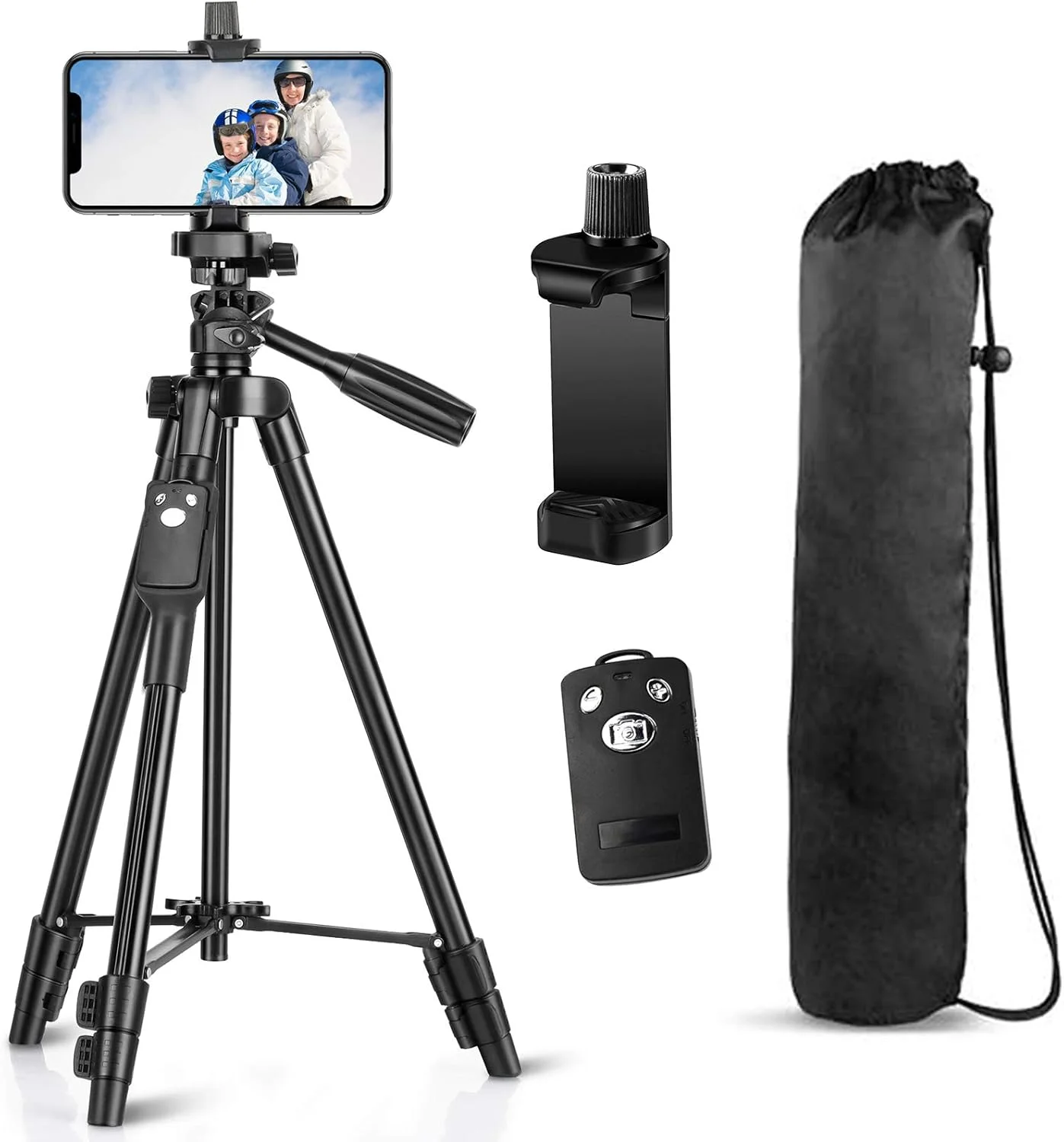 سه پایه 50 اینچی آلومینیومی، سه پایه فیلمبرداری برای تلفن همراه، دوربین، سه پایه جهانی با ریموت کنترل بی سیم، سازگار با آیفون Xs/Xr/X/8/8 Plus/Samsung Galaxy/Google/GoPro Hero