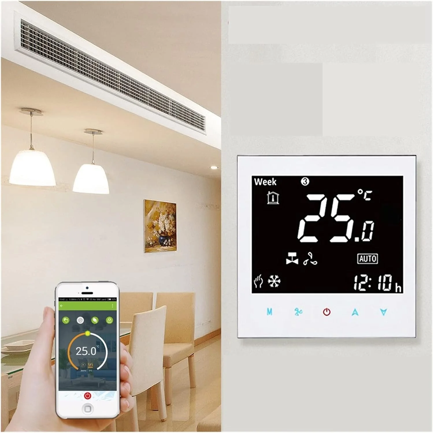 پنل کنترل دما JIKWME ترموستات هوشمند تهویه مطبوع مرکزی Tuya کنترلر دما صرفه جویی در انرژی بی سیم (مشکی)