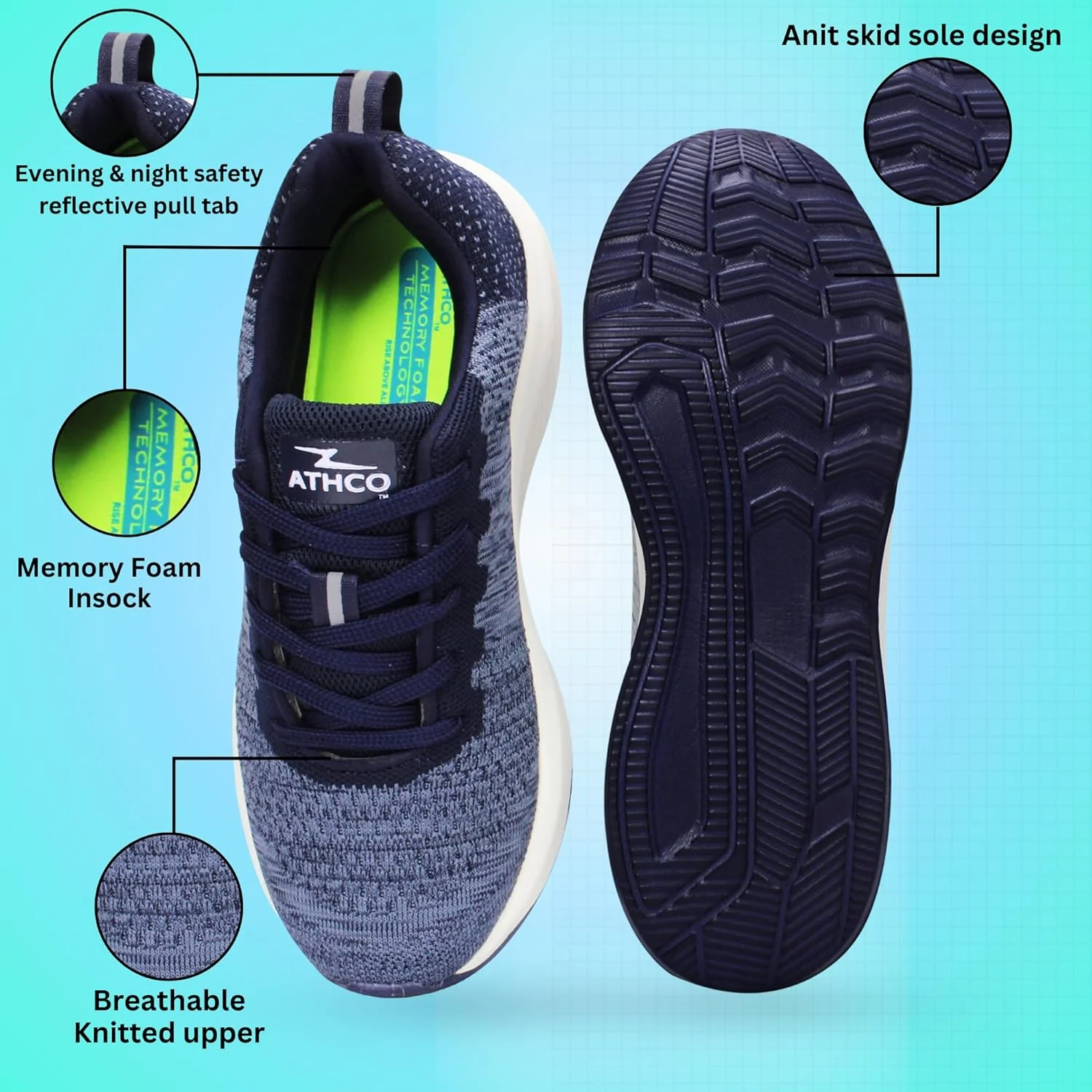 کفش راحتی مردانه آتکو مدل راش با فوم حافظه دار | مناسب دویدن | پیاده روی | تمرین | باشگاه | دویدن آرام | کتانی | ورزشی | بند دار | انعطاف پذیر | سبک وزن | استفاده روزانه | ورزشی | غیر رسمی | فوق العاده نرم | تناسب اندام