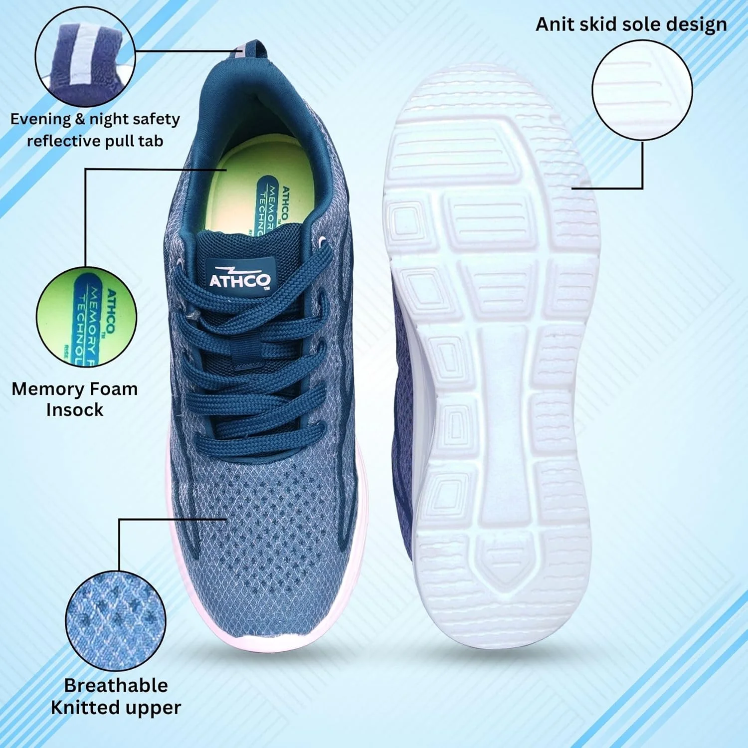 کفش مردانه آتکو مدل باستن | کفش فوم حافظه دار | مناسب دویدن | پیاده روی سرمه ای