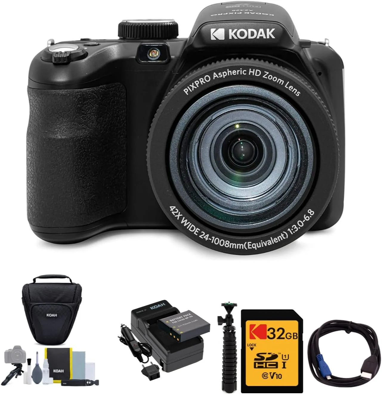 دوربین دیجیتال 20 مگاپیکسلی KODAK PIXPRO AZ425 Astro Zoom (مشکی) به همراه کارت SD 32 گیگابایتی، کیف کمری و کیت لوازم جانبی، کیت باتری و شارژر، کابل و سه پایه (6 قلم) دوربین دیجیتال 20 مگاپیکسلی KODAK PIXPRO AZ425 Astro Zoom (مشکی) به همراه کارت SD 32 گیگابایتی، کیف کمری و کیت لوازم جانبی، کیت باتری و شارژر، کابل و سه پایه (6 قلم)