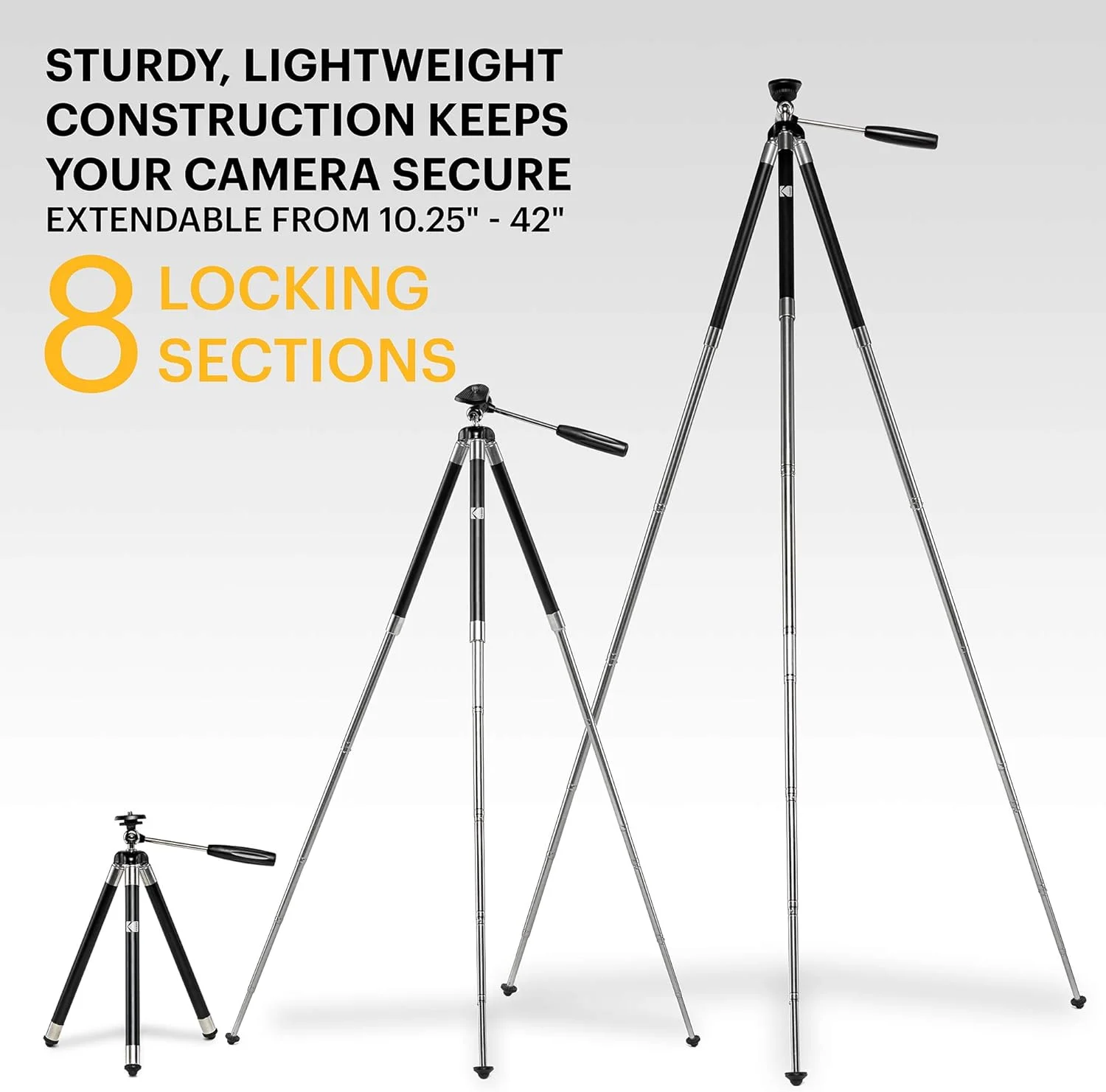 سه پایه 42 اینچی KODAK PhotoGear | سه پایه آلومینیومی استیل 8 قسمتی با ریموت بلوتوثی، تنظیم ارتفاع قفل پا تلسکوپی، هد توپی 360 درجه، پایه های لاستیکی، آداپتور تلفن هوشمند و کیف حمل سه پایه 42 اینچی KODAK PhotoGear | سه پایه آلومینیومی استیل 8 قسمتی با ریموت بلوتوثی، تنظیم ارتفاع قفل پا تلسکوپی، هد توپی 360 درجه، پایه های لاستیکی، آداپتور تلفن هوشمند و کیف حمل