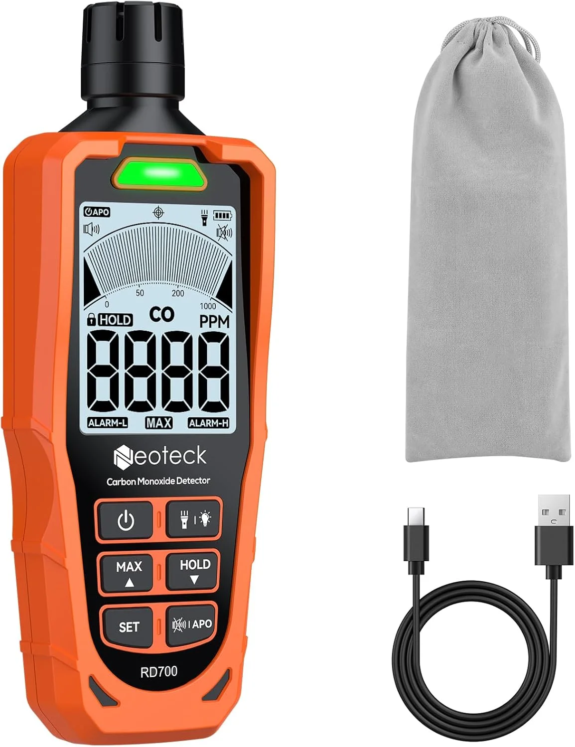 آشکارساز مونوکسید کربن، سنسور بریتانیایی 0.35 ثانیه، CO متر قابل شارژ 0-1000PPM با آلارم های صوتی و بصری، LCD با نور پس زمینه برای خانه، مسافرت، صنعت