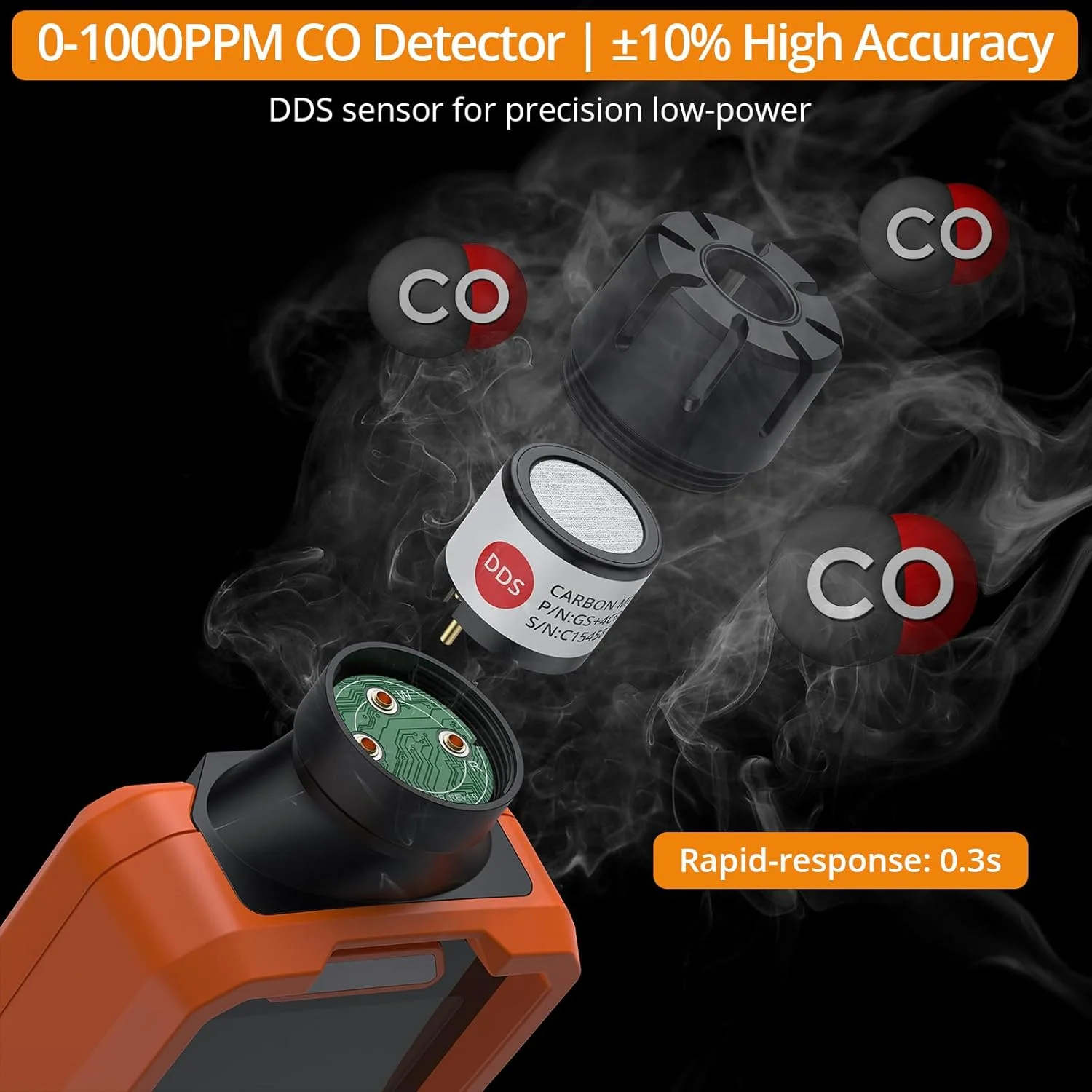 آشکارساز مونوکسید کربن، سنسور بریتانیایی 0.35 ثانیه، CO متر قابل شارژ 0-1000PPM با آلارم های صوتی و بصری، LCD با نور پس زمینه برای خانه، مسافرت، صنعت