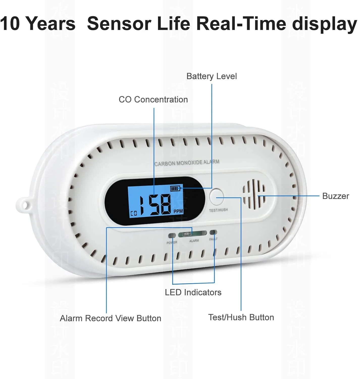 آشکارساز مونوکسید کربن، آلارم CO با صفحه نمایش دیجیتال، مطابق با استاندارد EN50291 و آلارم صوتی 85 دسی بل برای خانه و محل کار (باتری شامل نمی شود) (Type3)