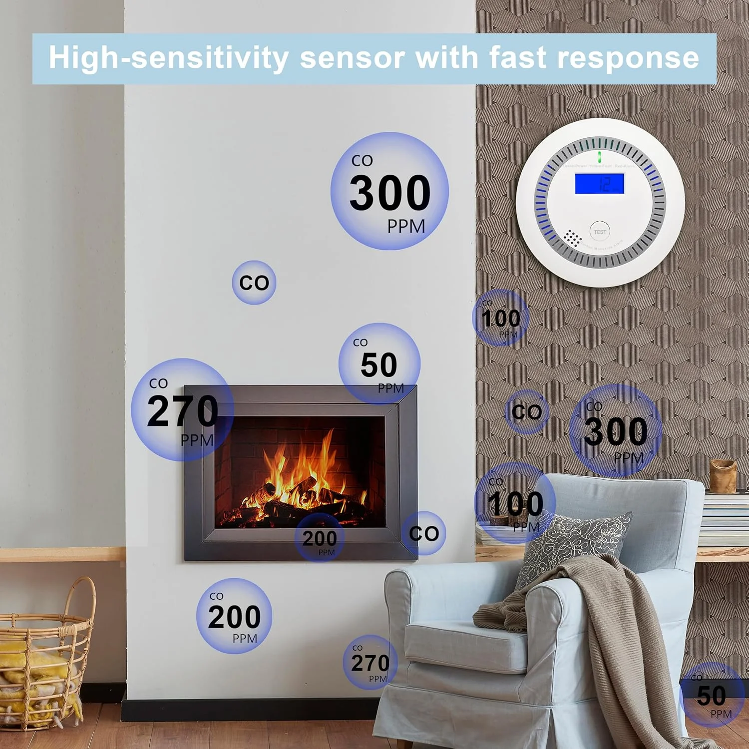 آشکارساز مونوکسید کربن، آلارم مونوکسید کربن با نمایشگر LED و آلارم صوتی، مانیتور آلارم CO با باتری و دکمه تست برای خانه، مطابق با استاندارد EN 50291