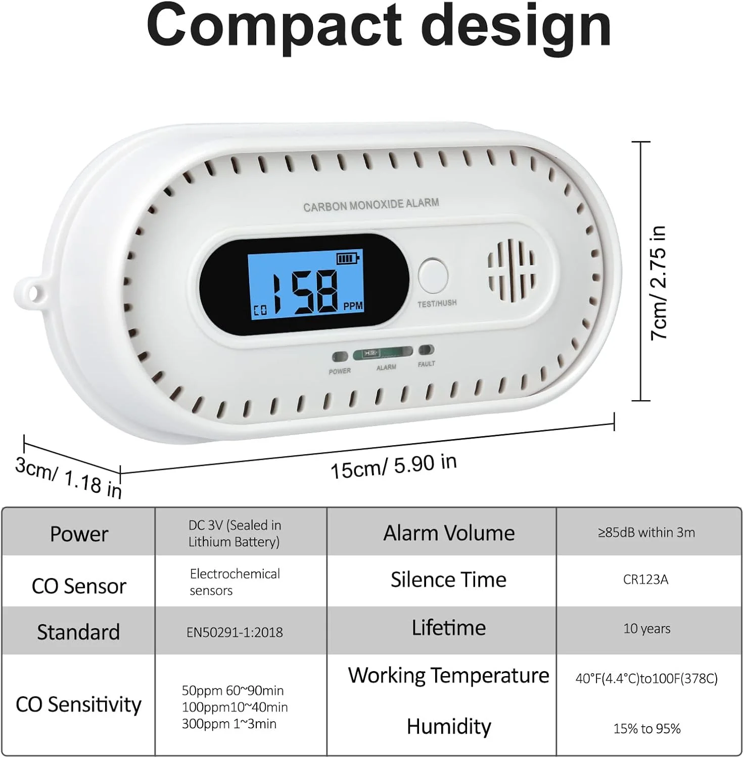 آشکارساز مونوکسید کربن، آلارم CO با صفحه نمایش دیجیتال، مطابق با استاندارد EN50291 و آلارم صوتی 85 دسی بل برای خانه و محل کار (باتری شامل نمی شود) (Type3)