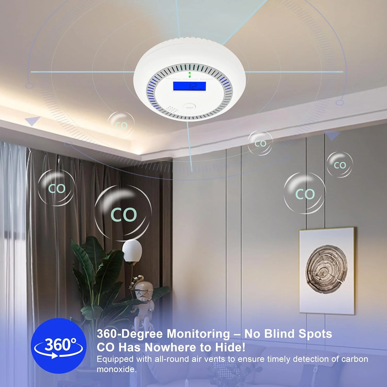 آشکارساز مونوکسید کربن، آلارم مونوکسید کربن با نمایشگر LED و آلارم صوتی، مانیتور آلارم CO با باتری و دکمه تست برای خانه، مطابق با استاندارد EN 50291