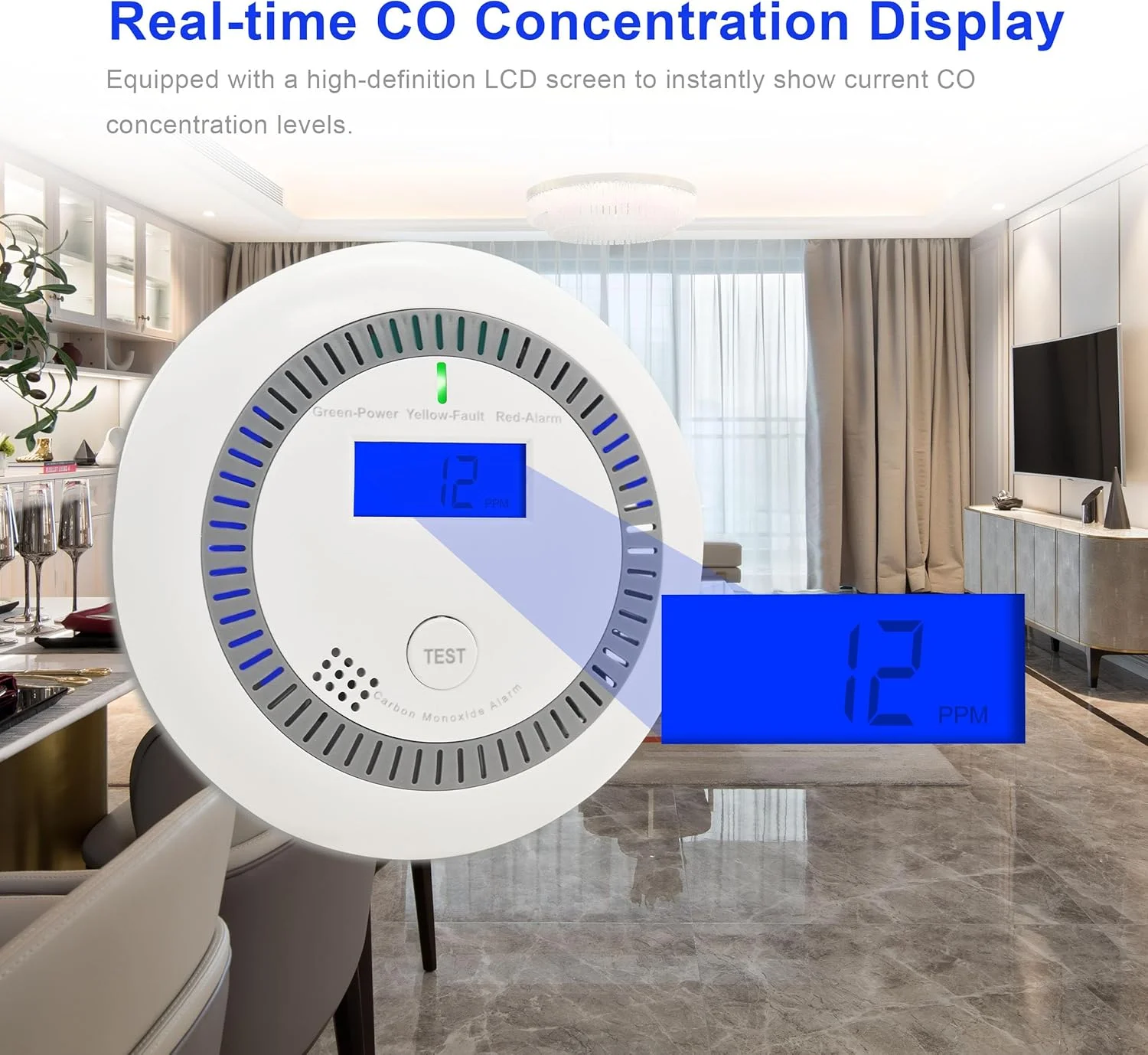 آشکارساز مونوکسید کربن، آلارم مونوکسید کربن با نمایشگر LED و آلارم صوتی، مانیتور آلارم CO با باتری و دکمه تست برای خانه، مطابق با استاندارد EN 50291