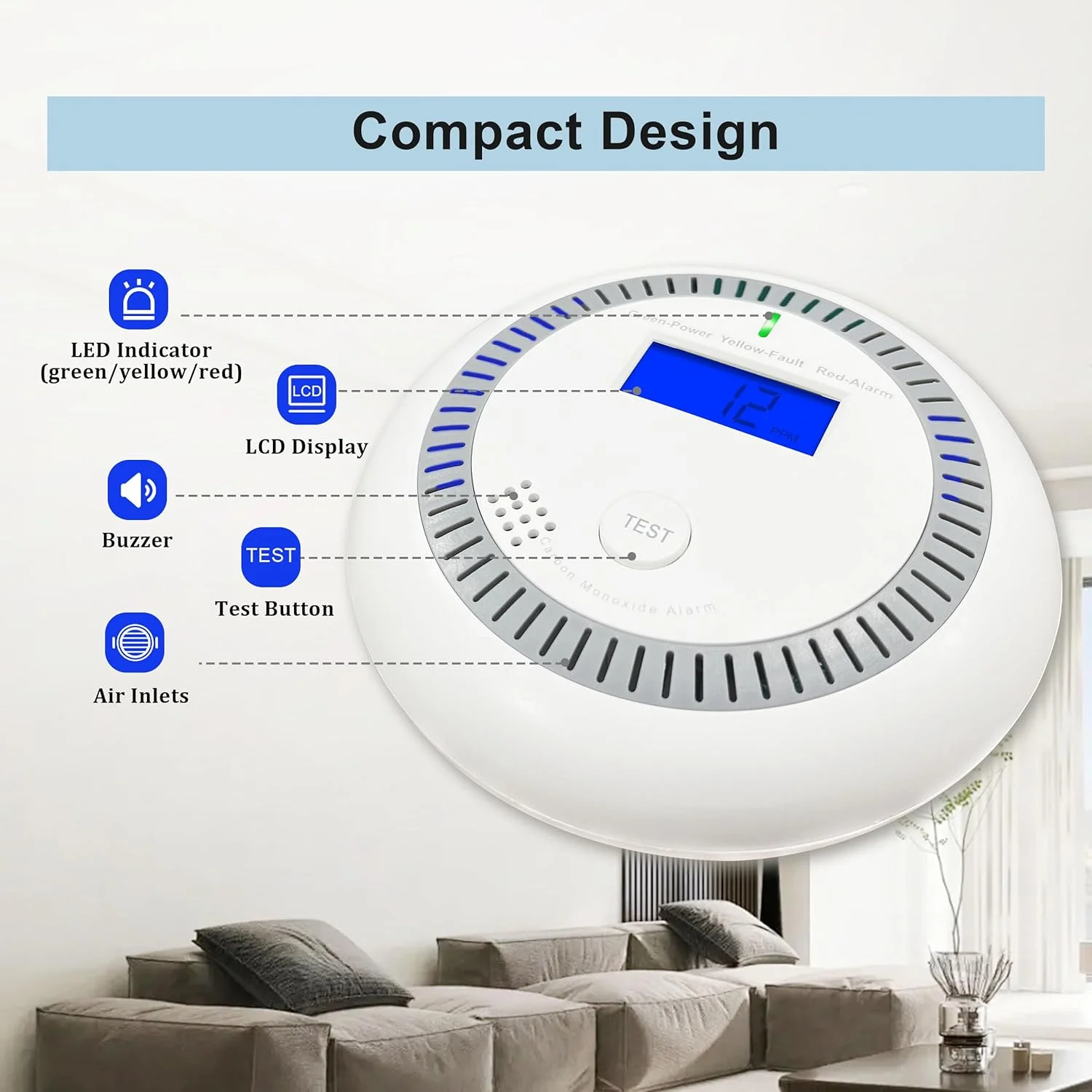 آشکارساز مونوکسید کربن، آلارم مونوکسید کربن با نمایشگر LED و آلارم صوتی، مانیتور آلارم CO با باتری و دکمه تست برای خانه، مطابق با استاندارد EN 50291
